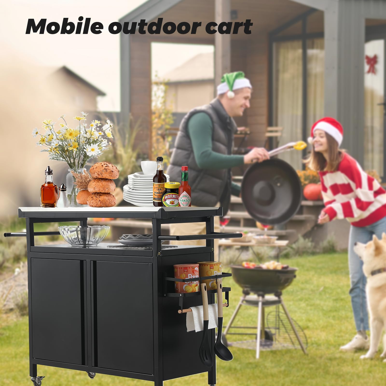 XL Rolling Bar Grill Cart - Outdoor Patio Furniture with Stainless Steel Top | Kitchen Prep & Grilling Accessories Storage Cabinet | Perfect for Backyard BBQs, Tailgating & Outdoor Entertaining - Black