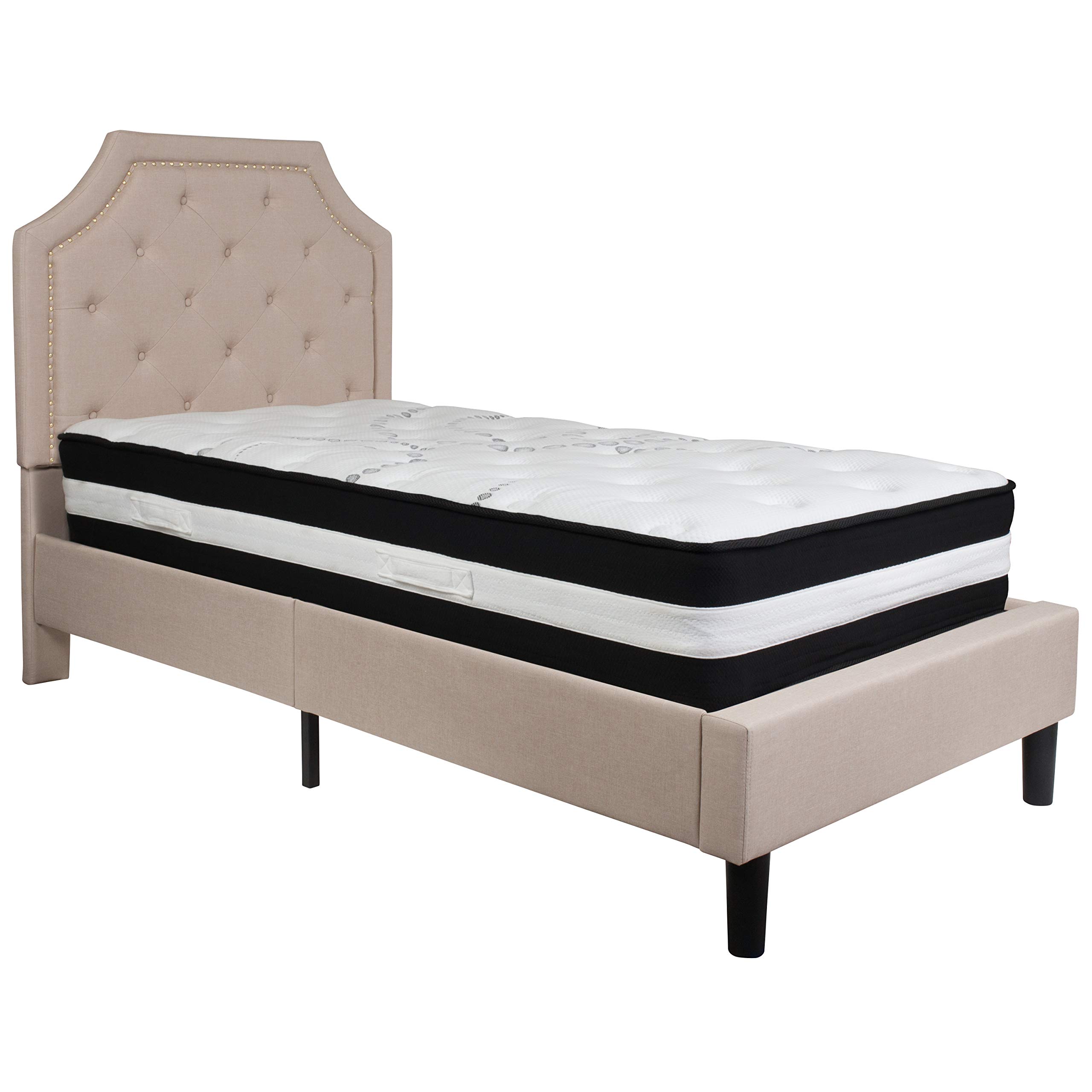 Flash Furniture Brighton Twin Size Tufted Upholstered Platform Bed with Pocket Spring Mattress - Beige Fabric Bed Frame for Small Spaces, Guest Rooms & Kids Bedrooms