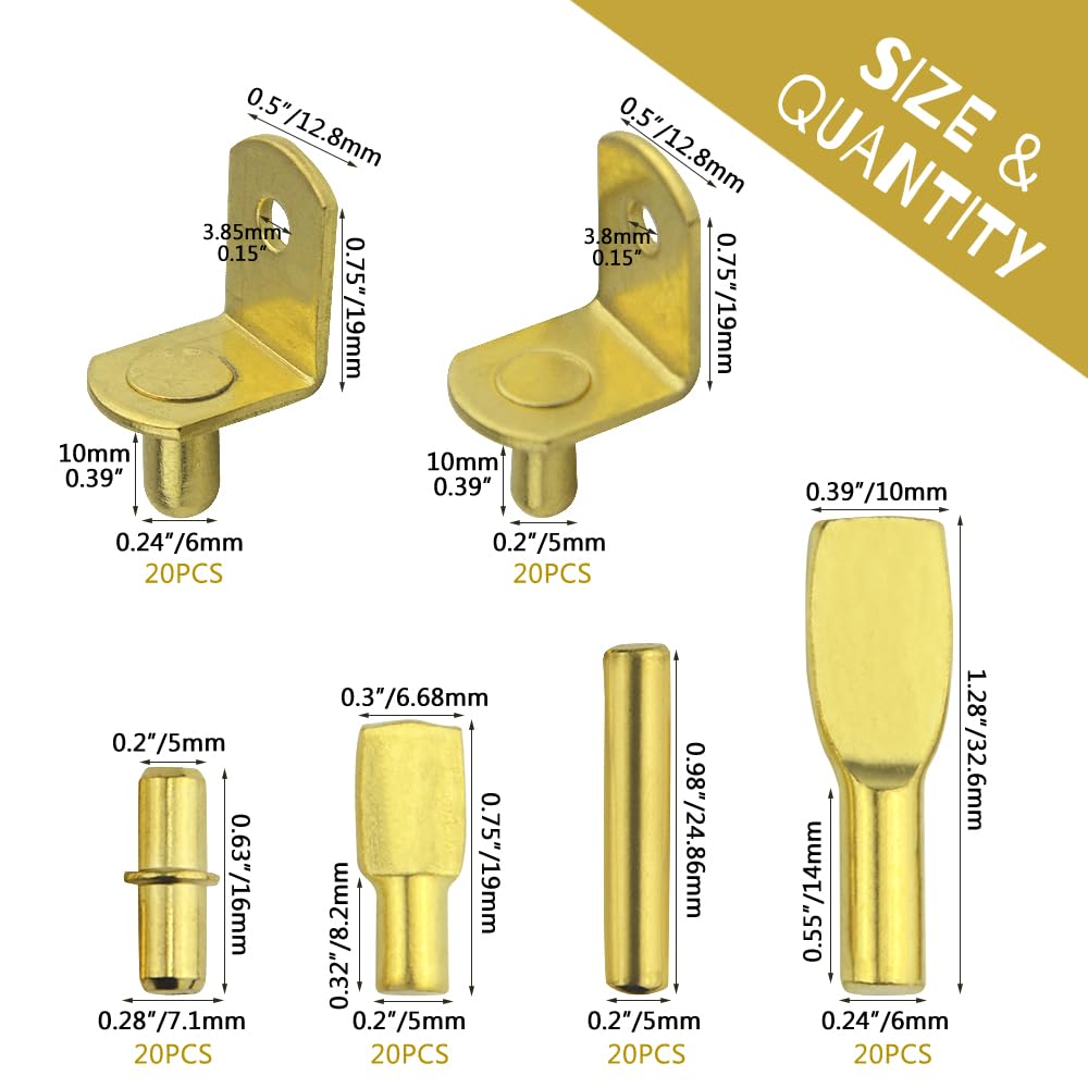 WMYCONGCONG 120-Piece Shelf Bracket Pins Assortment Kit - 4 Styles Metal Nickel Plated & Gold Cabinet Pegs for Furniture, Wardrobe, Bookshelf, Closet & Kitchen Shelving | Perfect for Home Office Organization & DIY Wood Shelf Support