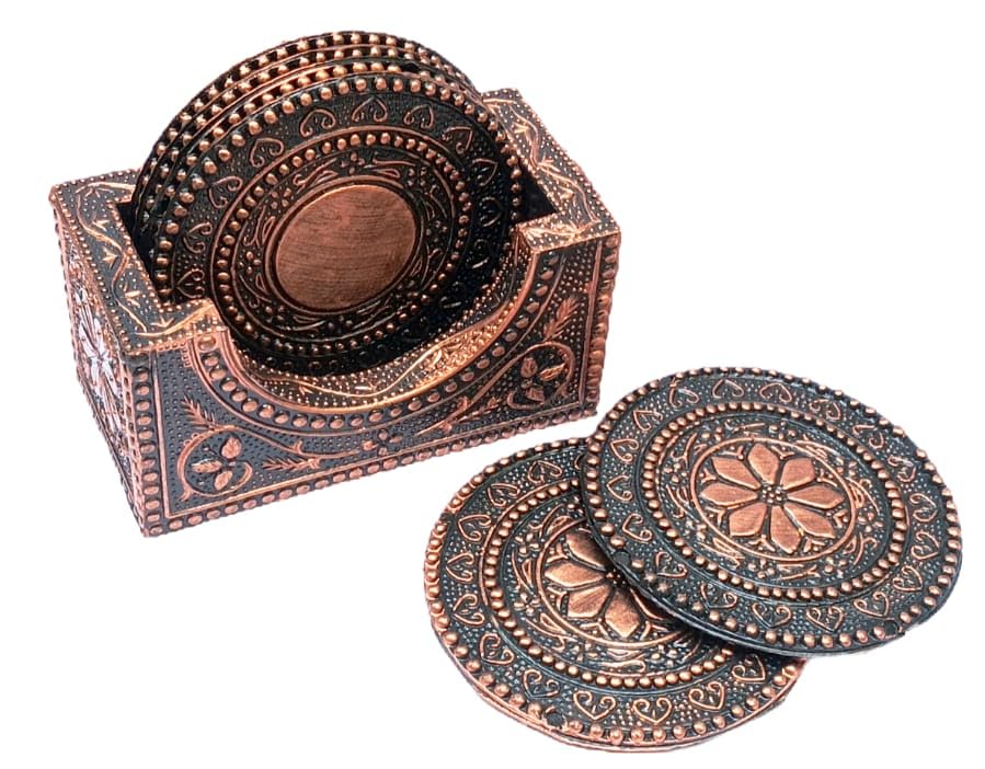 PP Plastic Mandala Design Coasters Set of 6 - Durable & Heat-Resistant for Tea Cups, Coffee Mugs & Glasses - Elegant Home Decor with Copper Finish - Perfect for Dining Tables, Coffee Shops & Office Desks