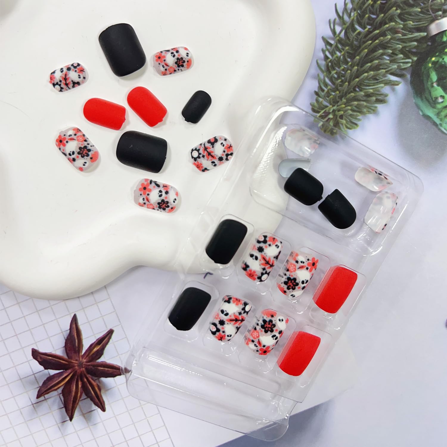 24Pcs Halloween Press on Nails - Short Square Fake Nails with Ghost, Flower & Leaf Designs - Glossy Orange & Black Halloween Glue on Nails for Women - Perfect for Halloween Parties, Costume Events & Fall Holiday Nail Art
