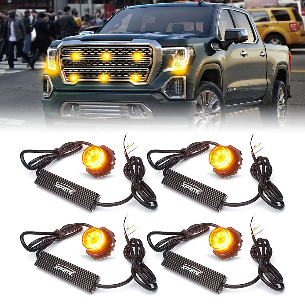 Xprite Amber LED Hideaway Strobe Lights Kit - 4PC Emergency Warning Flashing Lights for Grille, Headlight & Taillight - Ideal for Construction Vehicles, Tow Trucks, ATV, UTV & Cars - Perfect for Roadside Emergencies, Hazard Warnings & Off-Road Safety