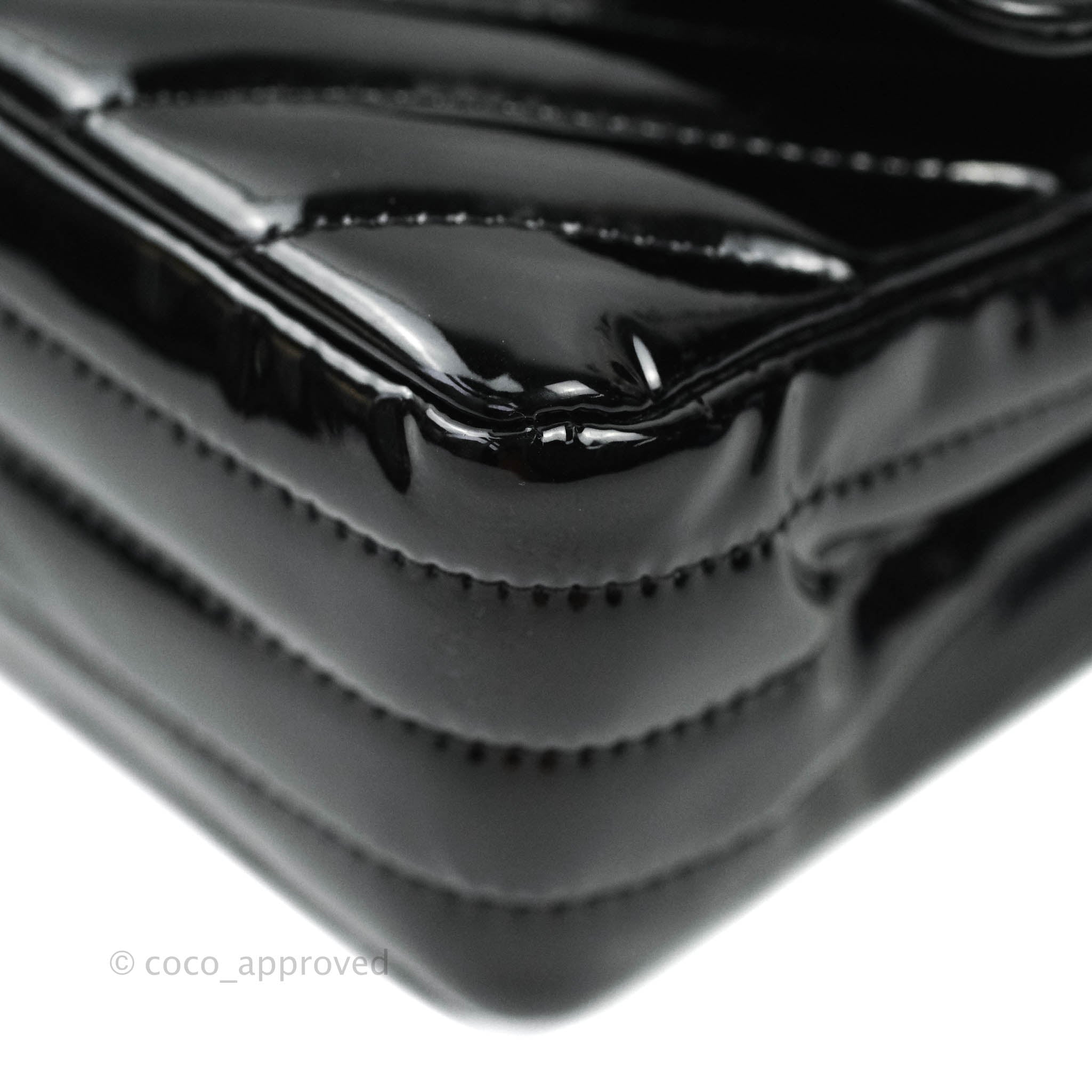 Chanel Classic Chevron M/L Medium Double Flap Bag - Black Patent Leather with Silver Hardware | Luxury Designer Handbag for Women, Perfect for Work, Evening Events & Special Occasions