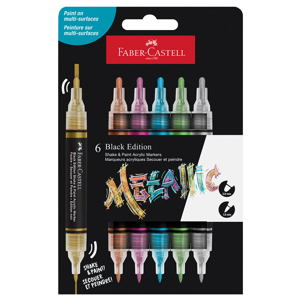 Faber-Castell Black Edition Shake & Paint Acrylic Markers - Metallic Colors Set of 6 for DIY Crafts, Canvas Painting & Home Decor