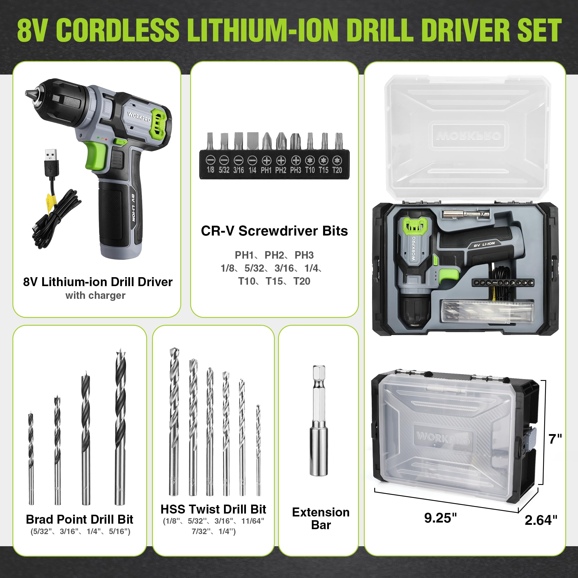 WORKPRO 8V Cordless Drill Driver Kit with Stackable Tool Box, 2.0Ah Battery & 3/8