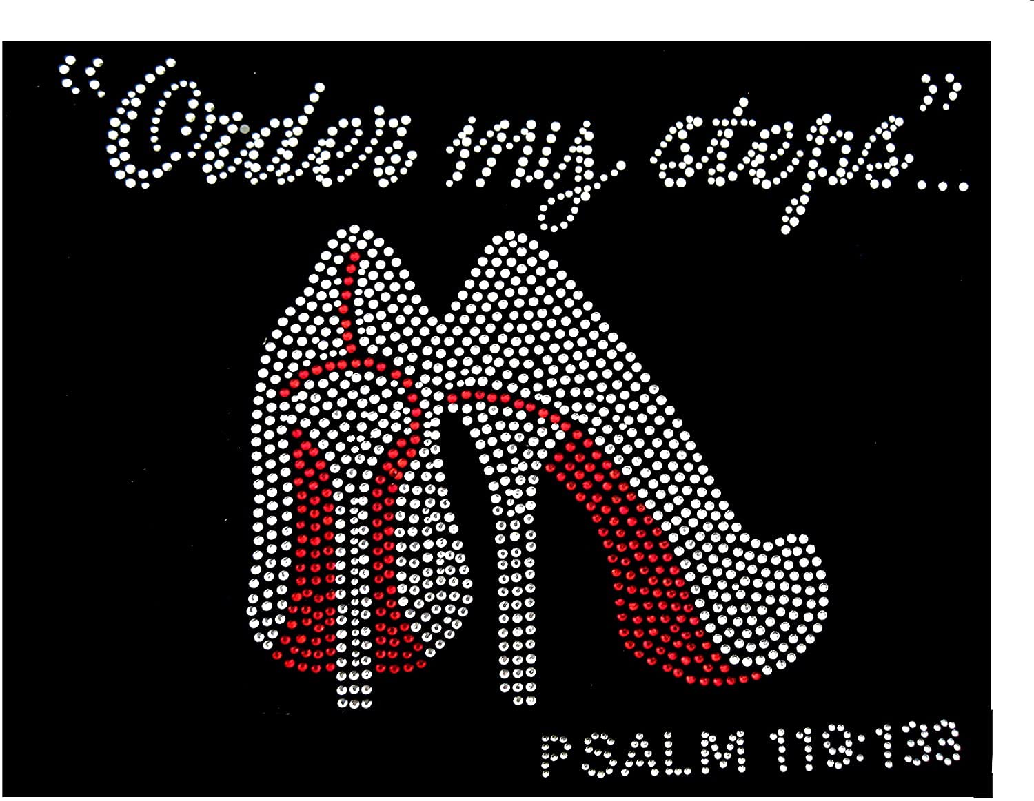 Christian Rhinestone Iron-On Transfer - 'Order My Steps' Psalm 119 Hot Fix Decal for Heat Press DIY - Perfect for T-Shirts, Hats & Bible Study Apparel