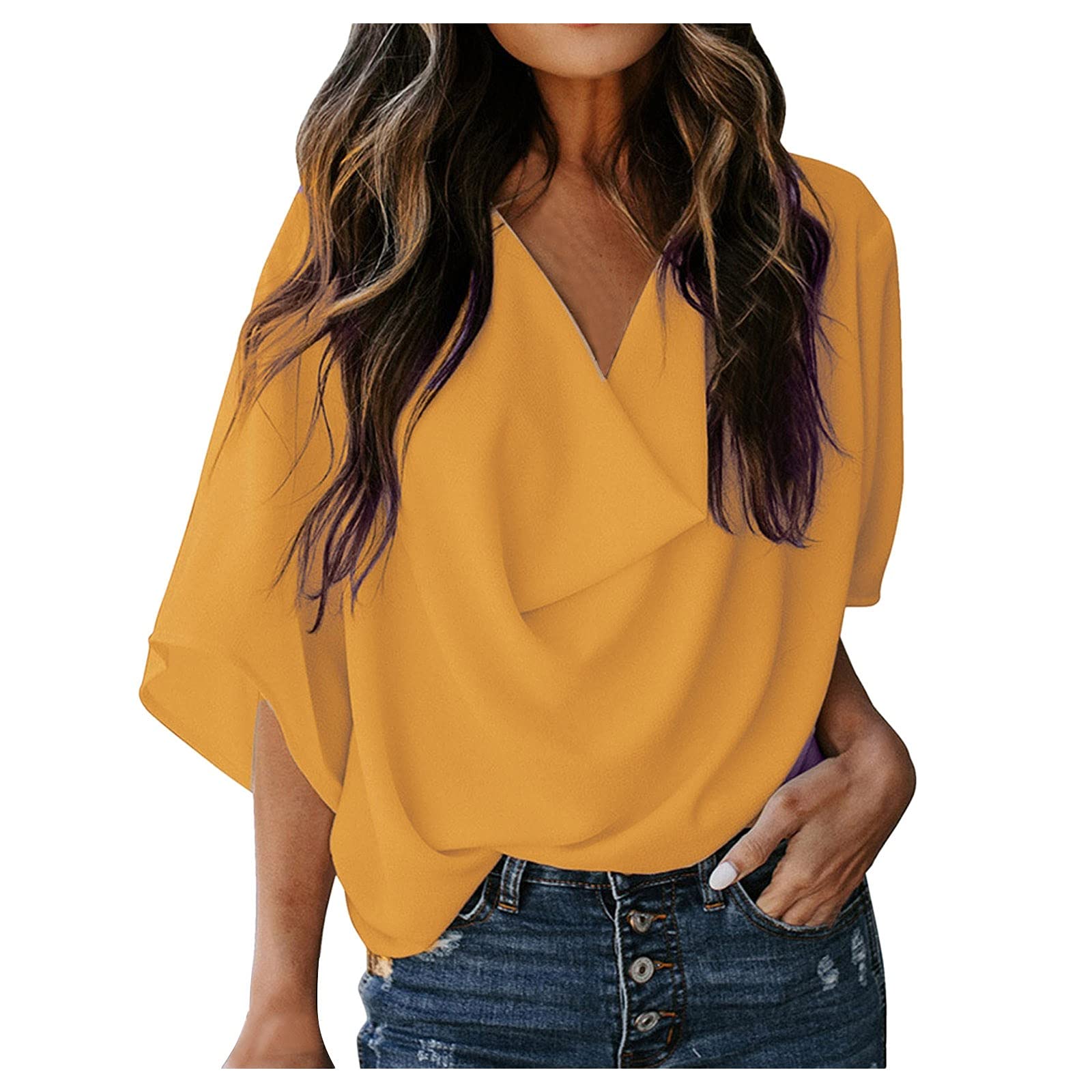 Women's Flared Casual Loose Sleeve V-Neck Draped Blouse - Vintage Graphic T-Shirt for Everyday Wear & Boho Style Outfits