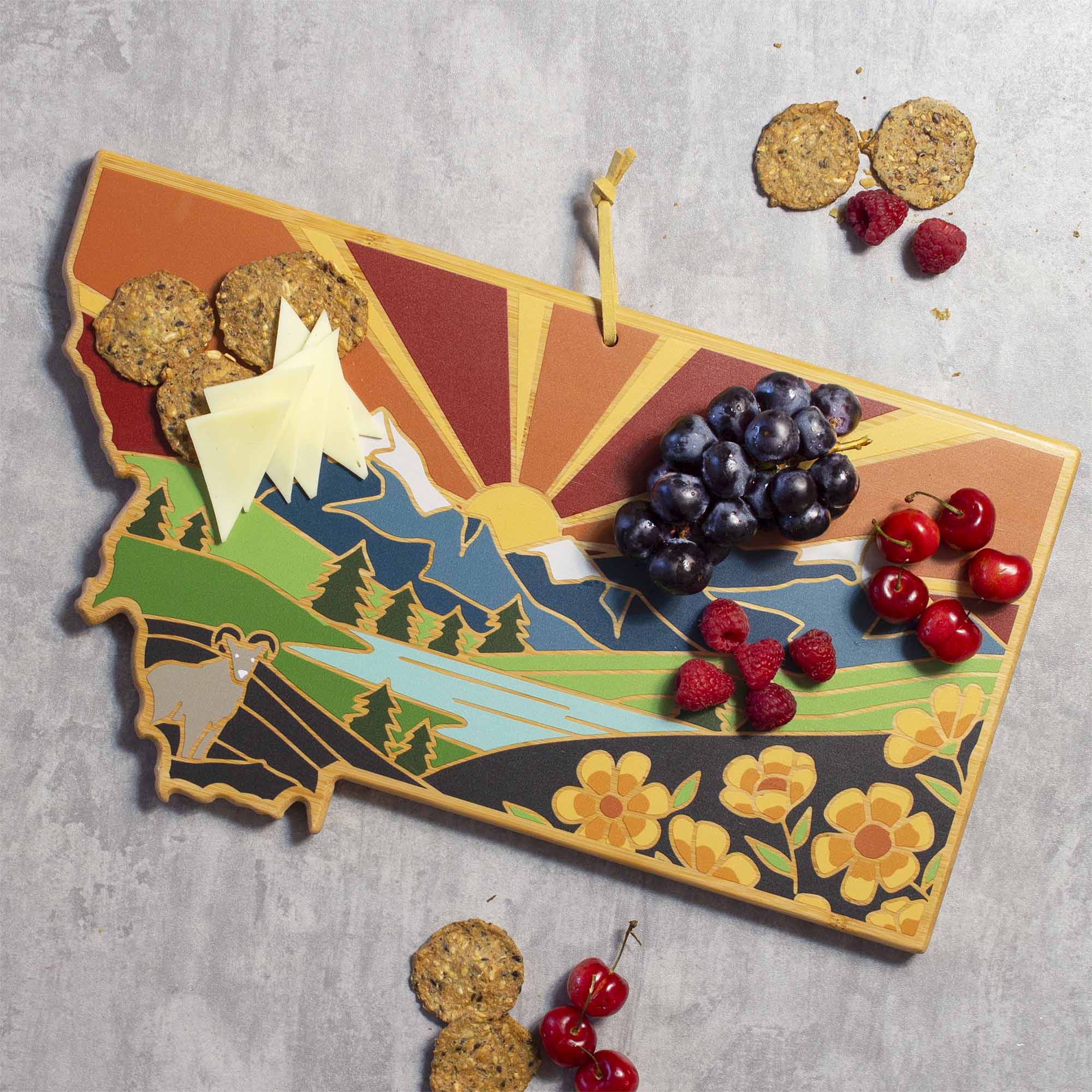 Handcrafted Montana Wood Cutting Board with Summer Stokes Artwork – Durable Kitchen Essential for Chopping, Serving & Home Decor