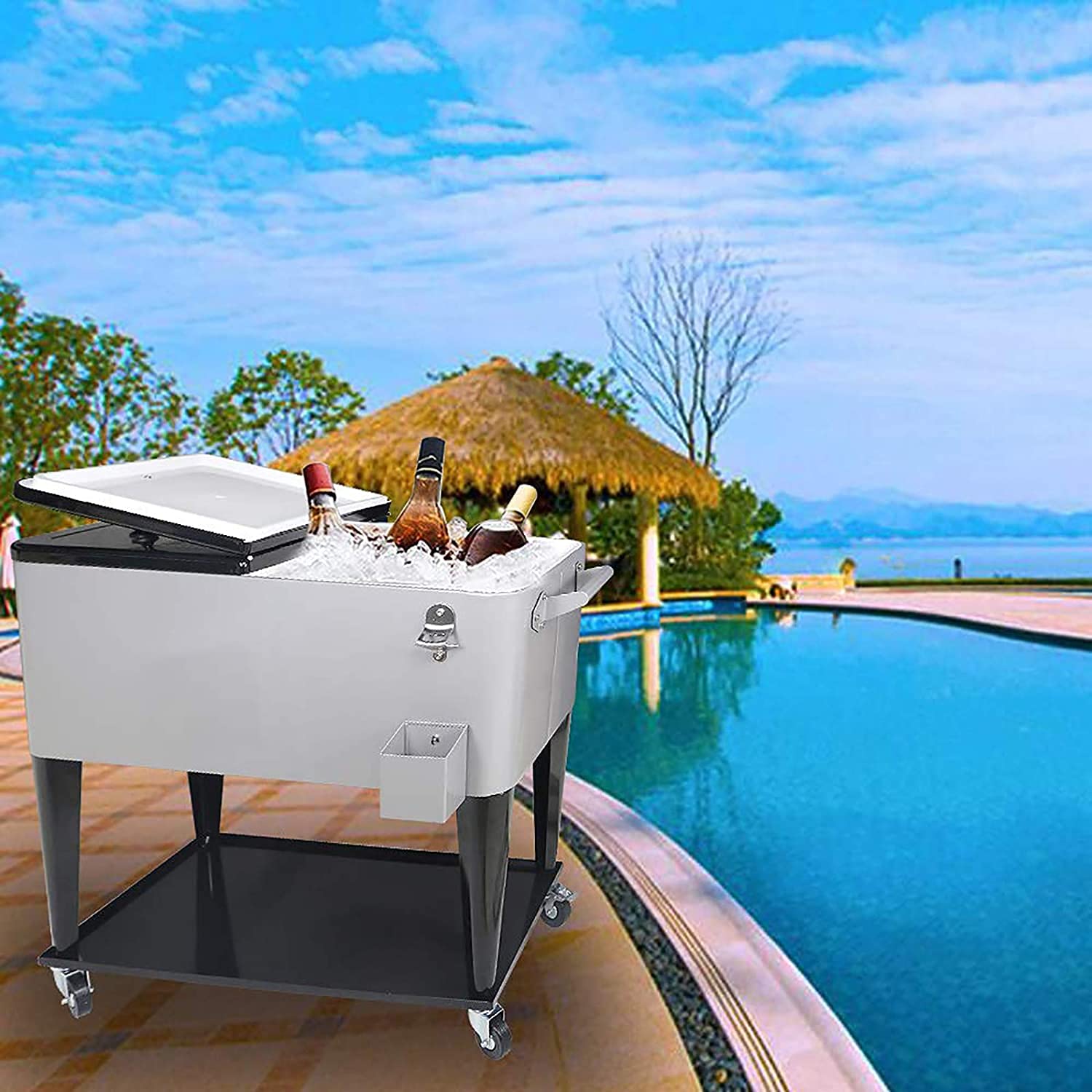 SHAREWIN 80QT Rolling Cooler Cart with Wheels - Large Capacity Outdoor Ice Chest for Backyard, Camping & Beach - Portable Beverage Cooler with Shelf & Bottle Opener for Pool Parties, Tailgating & Picnics