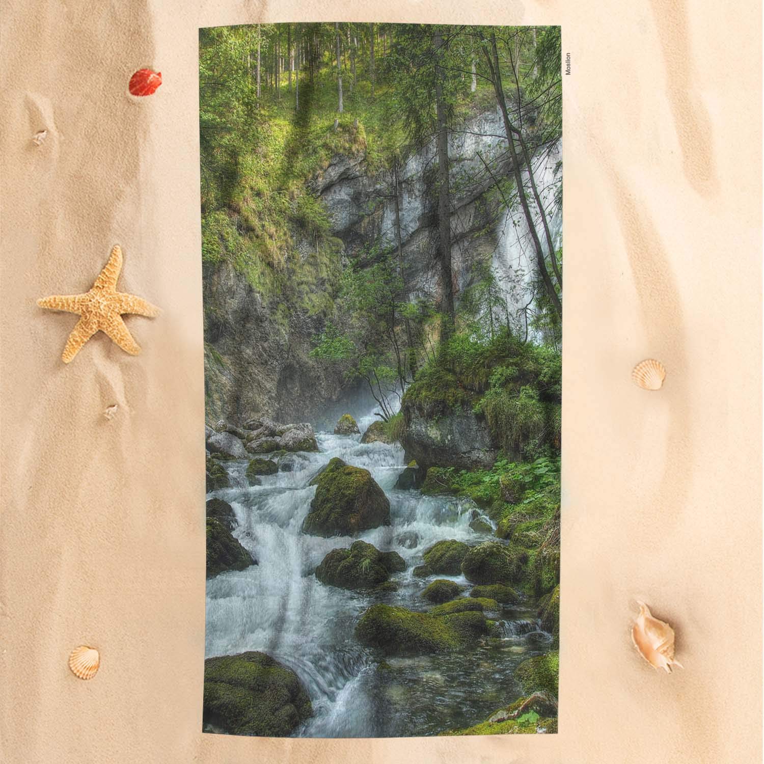 Soft Microfiber Bath Towel 32x64 Inch - Nature Landscape Waterfall Design with River Rocks & Tree Leaves - Green & White Baby Hand Beach Towel for Kids | Perfect for Bathroom, Pool, Beach & Travel