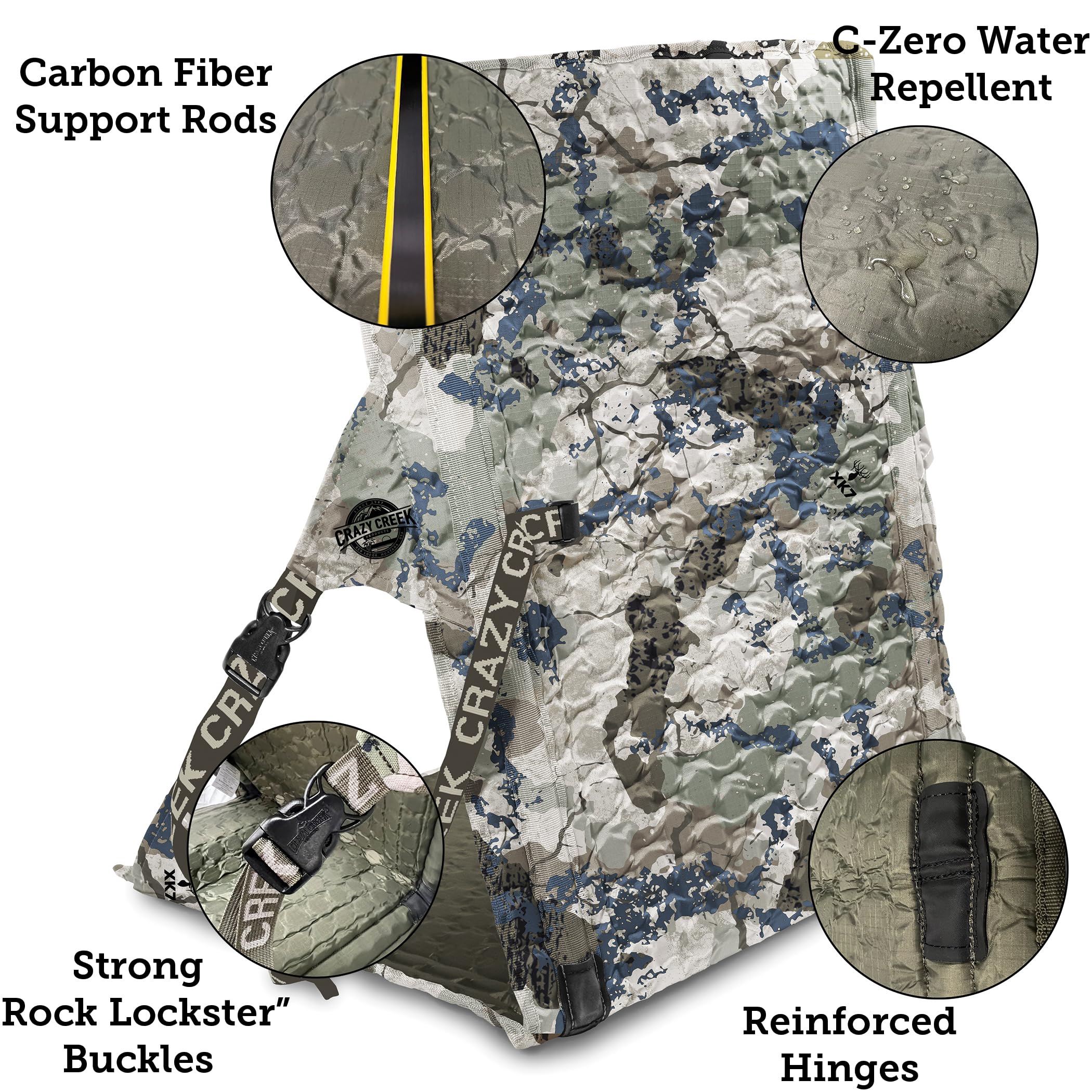 Crazy Creek HEX 2.0 LongBack Chair - Extra Wide & Tall Camping Chair for Backpacking, Hiking, Stadium Events - 250 LBS Weight Capacity with Adjustable Straps & Rock Lockster Buckles (Kings Camo) - Perfect for Outdoor Adventures, Tailgating, and Beach Relaxation