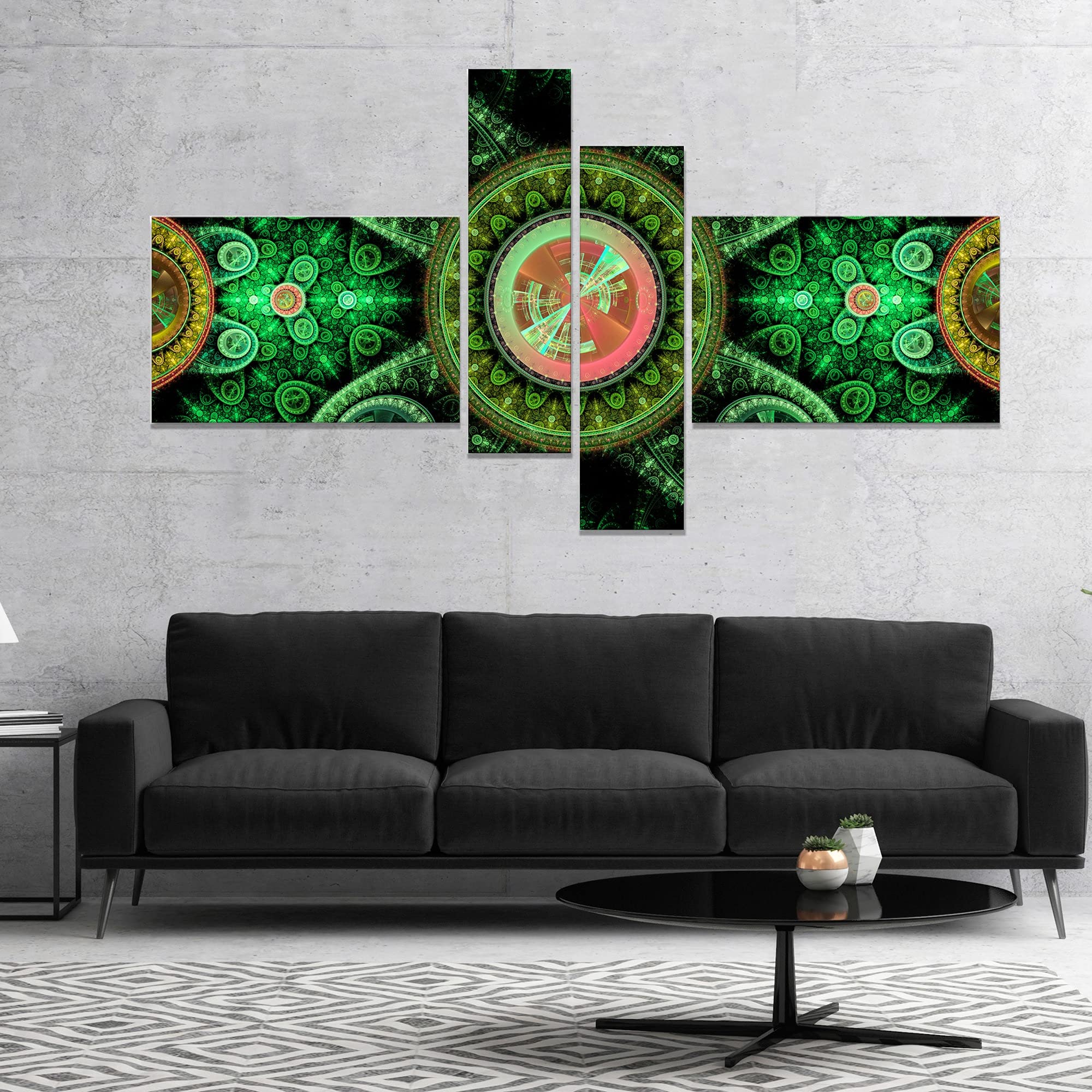Green Psychedelic Relaxing Abstract Canvas Art Print - 60x32 Inch 4-Panel Wall Decor for Living Room, Bedroom & Office | Modern Home & Office Decor