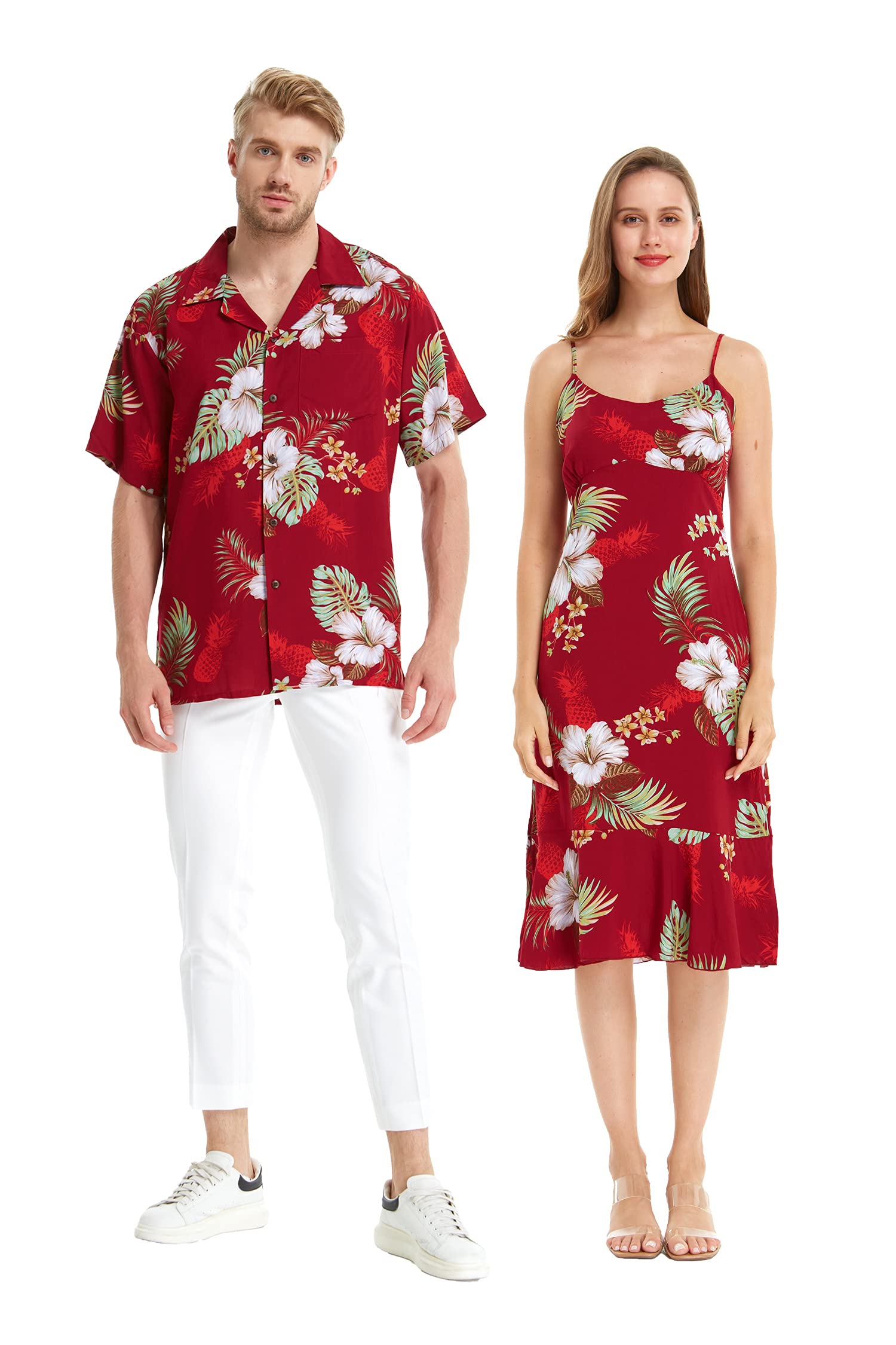 **Pineapple Print Couple Hawaiian Shirt & Mermaid Ruffle Dress Set - Tropical Luau Outfits for Beach Vacation, Party, and Summer Date Night**