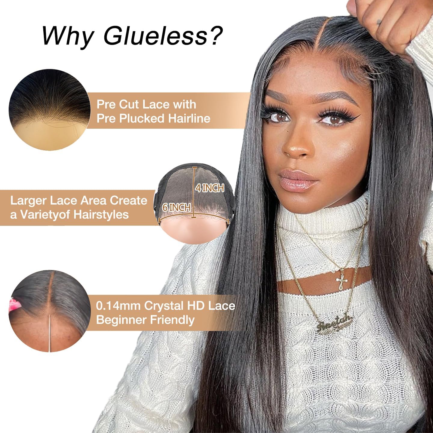 Wear and Go Glueless Human Hair Wigs for Women - 6x4 Straight Lace Front Wig with Pre Plucked & Pre Cut HD Lace, 180% Density, 24 Inch Natural Black - Perfect for Daily Wear, Parties, and Special Occasions