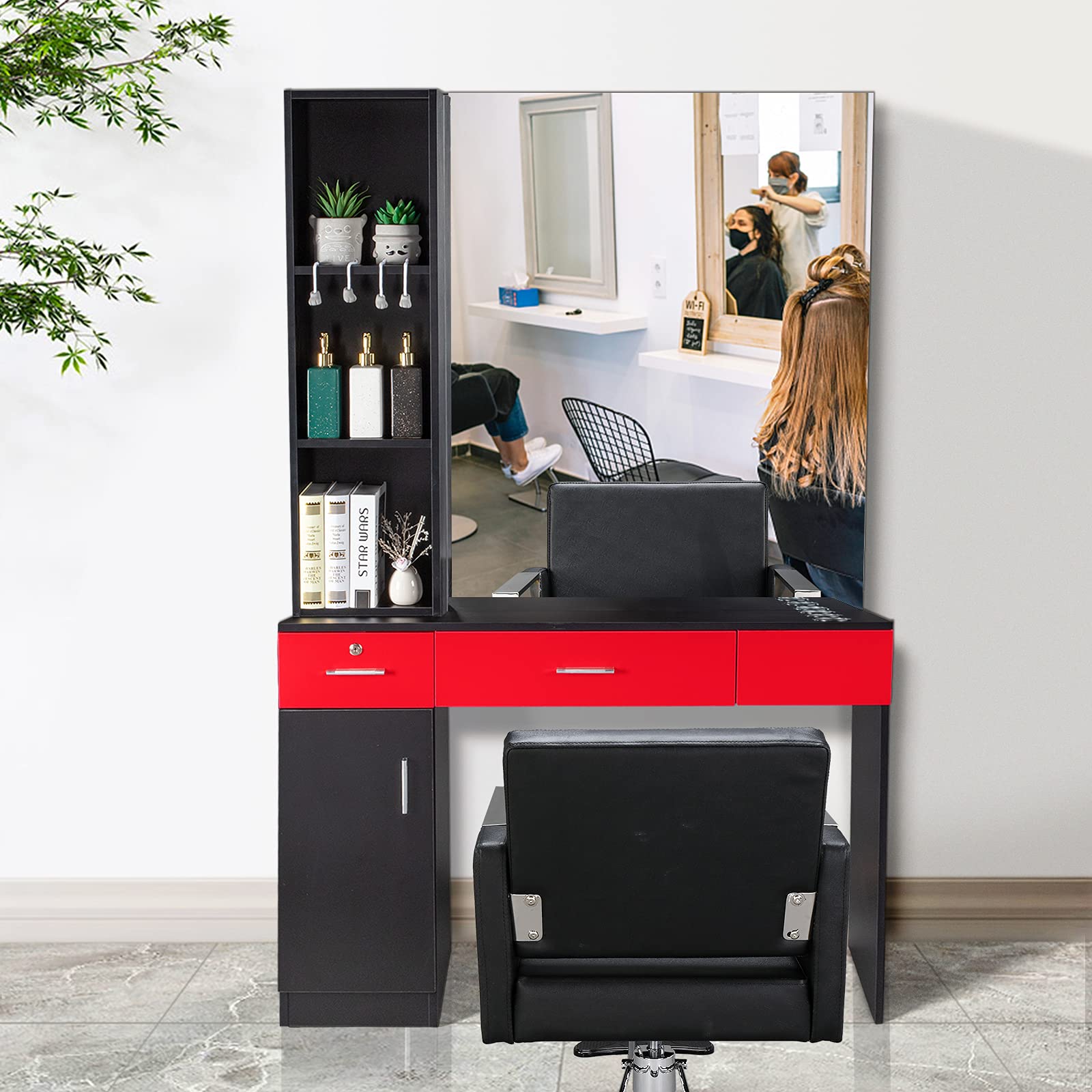 Mefeir Wall Mount Hair Styling Barber Station with Support Leg & Mirror - Professional Hair Salon Equipment & Spa Furniture Set (Red & Black) - Perfect for Barbershops, Salons & Home Styling Stations