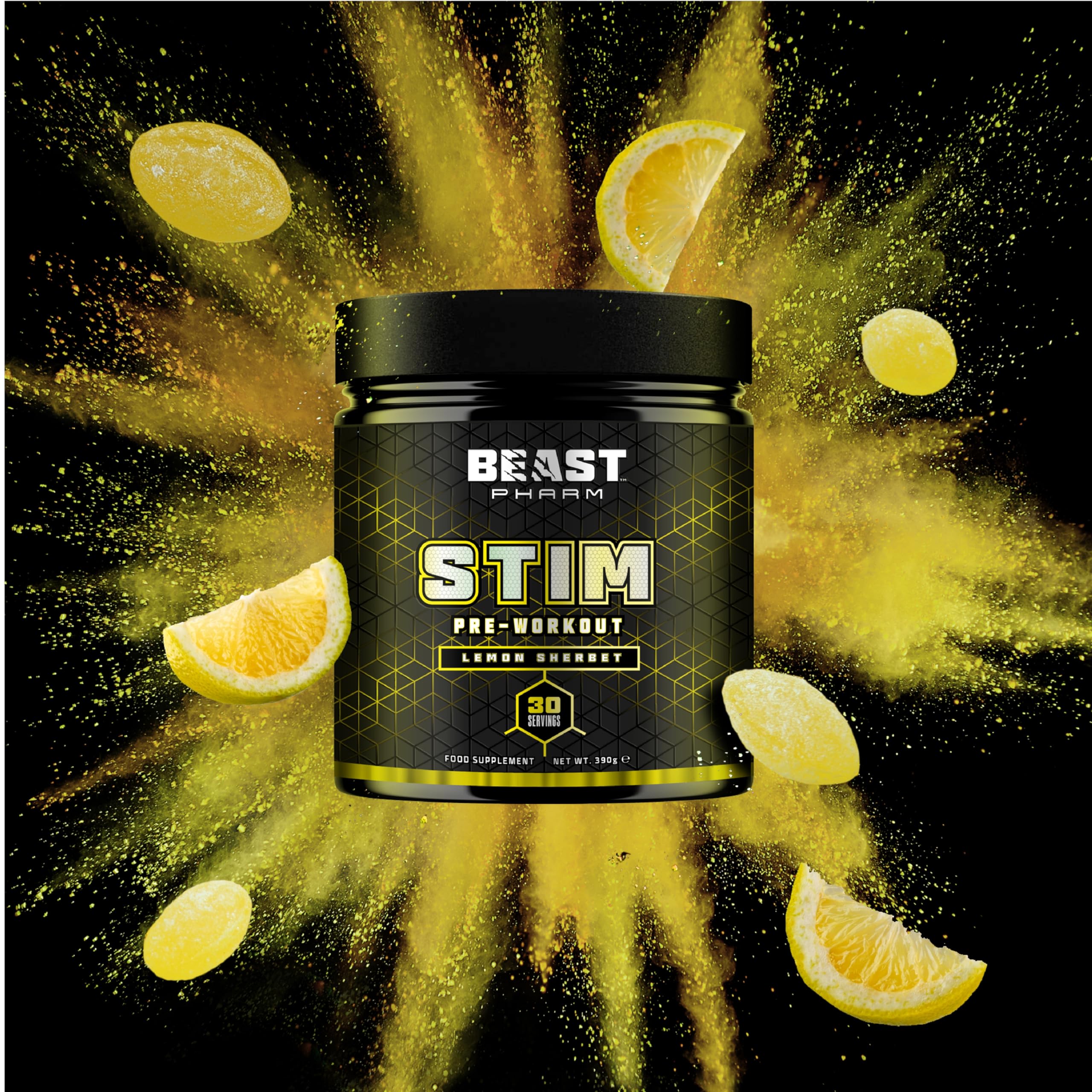 Beast Pharm STIM Pre Workout Powder 390g - Lemon Sherbet Flavor | Energy & Focus Booster for Gym, Fitness & Bodybuilding | Caffeine & Nitric Oxide Formula for Enhanced Performance