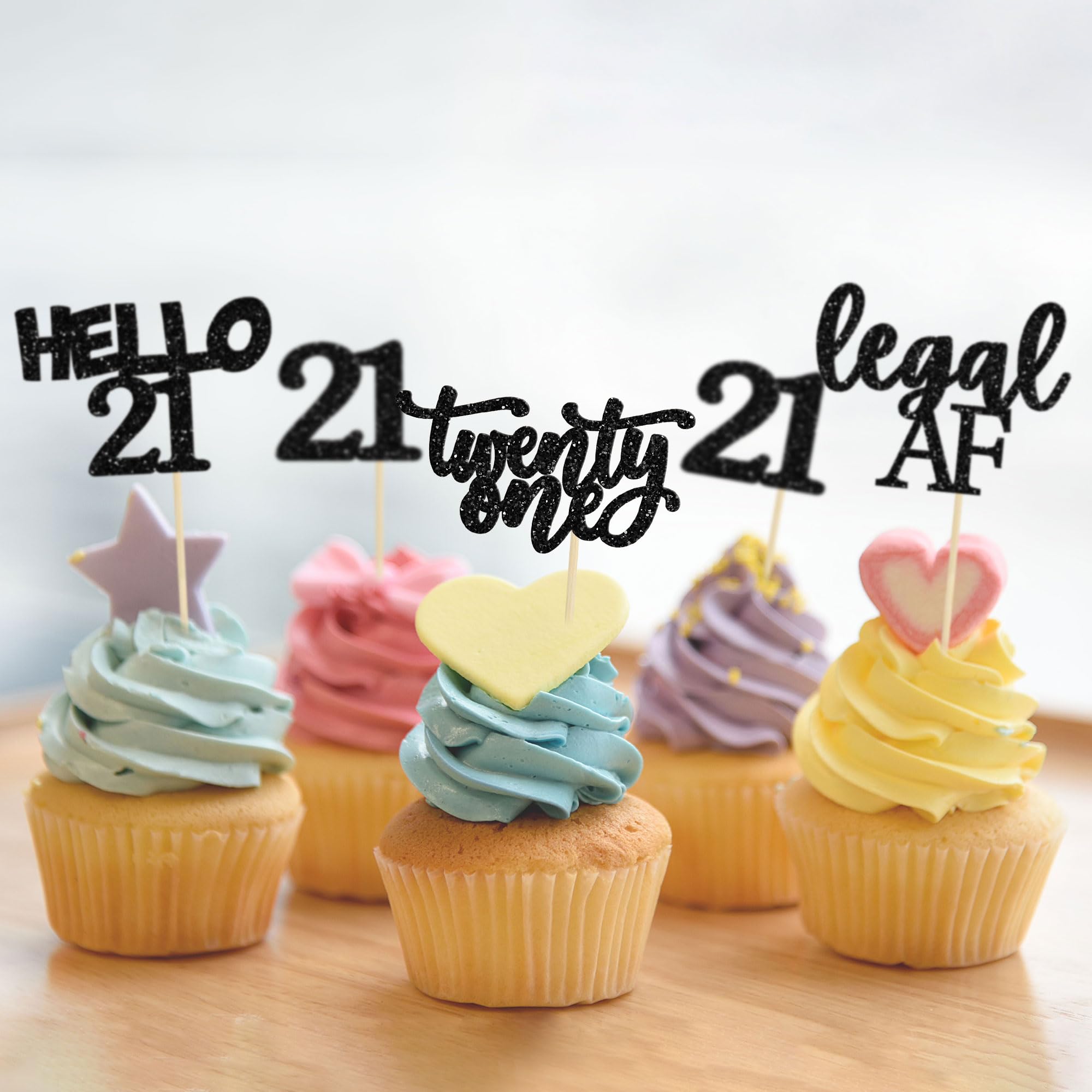 24Pcs Black Glitter 21st Birthday Cupcake Toppers - Legal Age Cake Decorations for 21st Birthday Party, Hello 21 Cupcake Picks - Perfect for Birthday Cakes, Cupcakes and Dessert Table Decorations