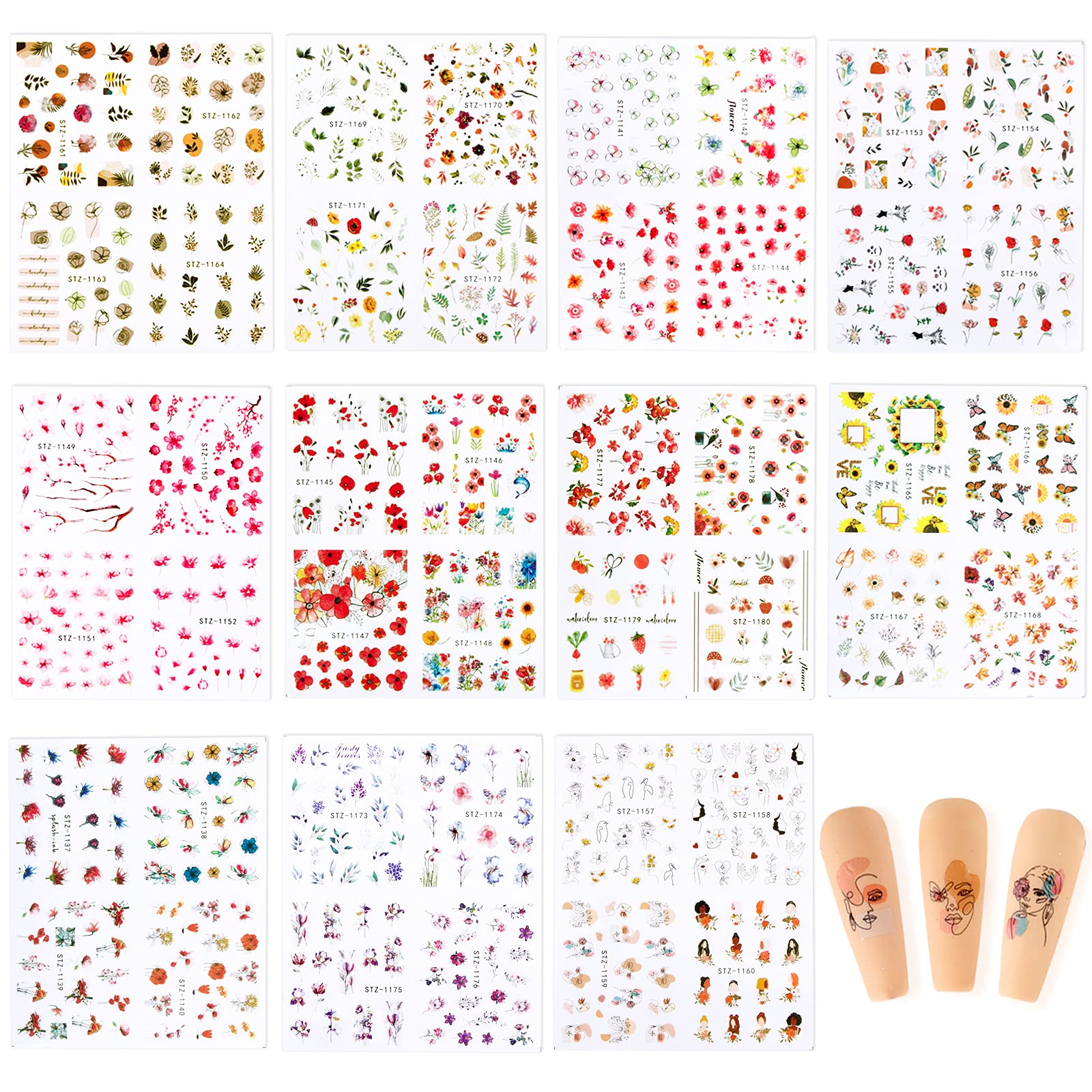 11 Sheets Water Transfer Nail Stickers - Floral Leaves, Sunflower & Butterfly Designs | DIY Nail Art Decals for Women & Girls | Perfect for Parties, Weddings & Everyday Nail Decoration