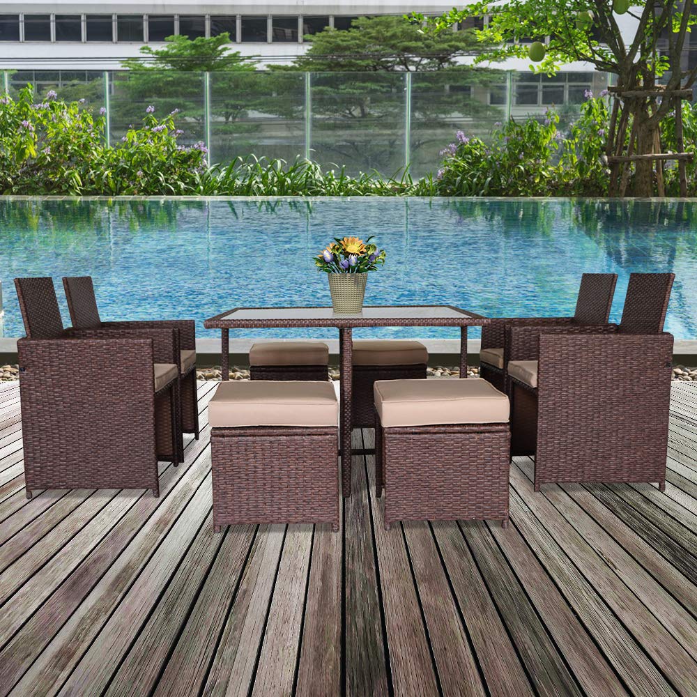 9-Piece Wood Grain Wicker Rattan Dining Ottoman Set with Glass Table - Durable Patio Furniture for Outdoor Entertaining, Garden Parties & Backyard Relaxation