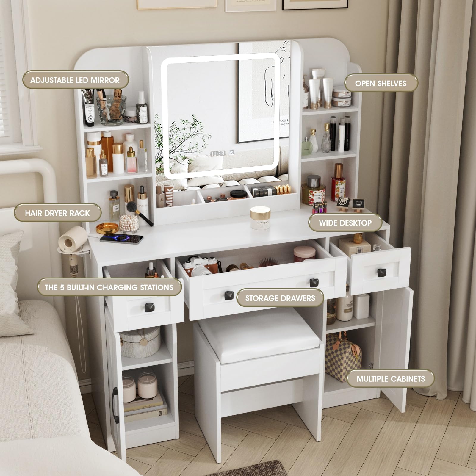 Vabches White Makeup Vanity Desk with LED Lights - Adjustable 3 Lighting Modes, 3 Drawers & 2 Cabinets, Built-in Clock & Temperature Display - Perfect for Bedroom, Dressing Room & Beauty Salon