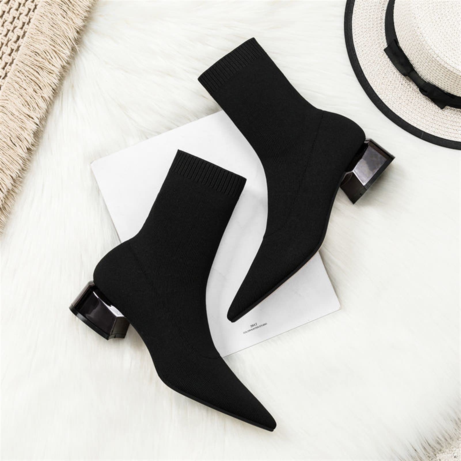 Women's Fashion Thin Boots - High Heel Pointed Toe Mid Calf Boots for Autumn & Spring | Knit Socks with Thick Heel | Black Size 6 | Perfect for Office Wear, Date Nights & Fall Fashion Outfits