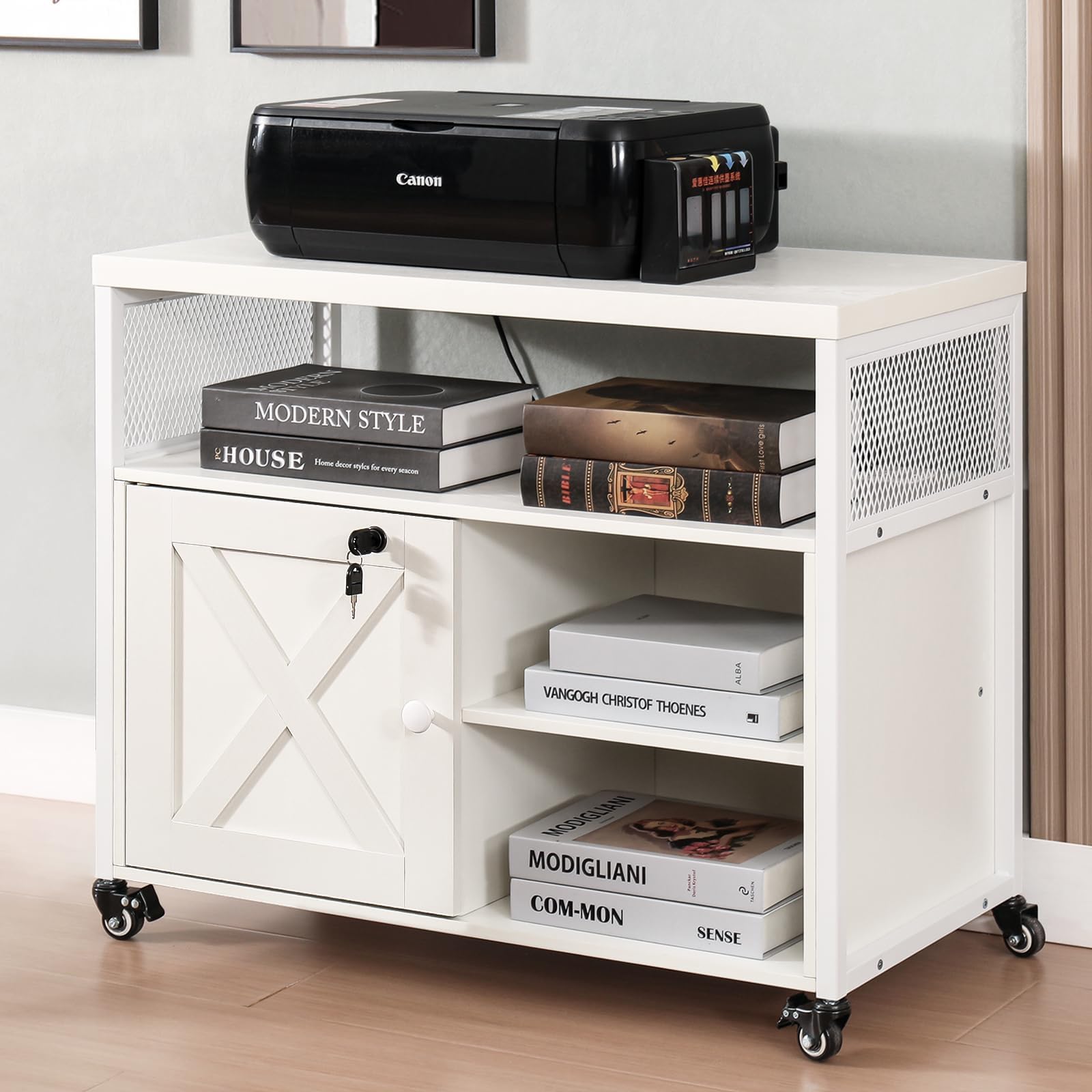 FUSUNBAO White Farmhouse Printer Stand with Storage - Rolling Printer Cabinet with Shelves, USB Charge Station, Locking Wheels & File Drawer - Home Office Storage Organizer for Printer, Scanner & Supplies (Perfect for Small Spaces & Workspaces)
