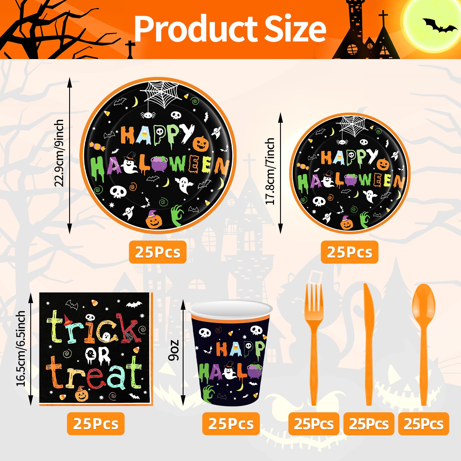 175-Piece Halloween Party Tableware Set - Disposable Dinnerware for 25 Guests, Includes Plates, Cups, Napkins, Forks, Spoons & Knives - Perfect for Trick or Treat, Halloween Parties & Spooky Celebrations