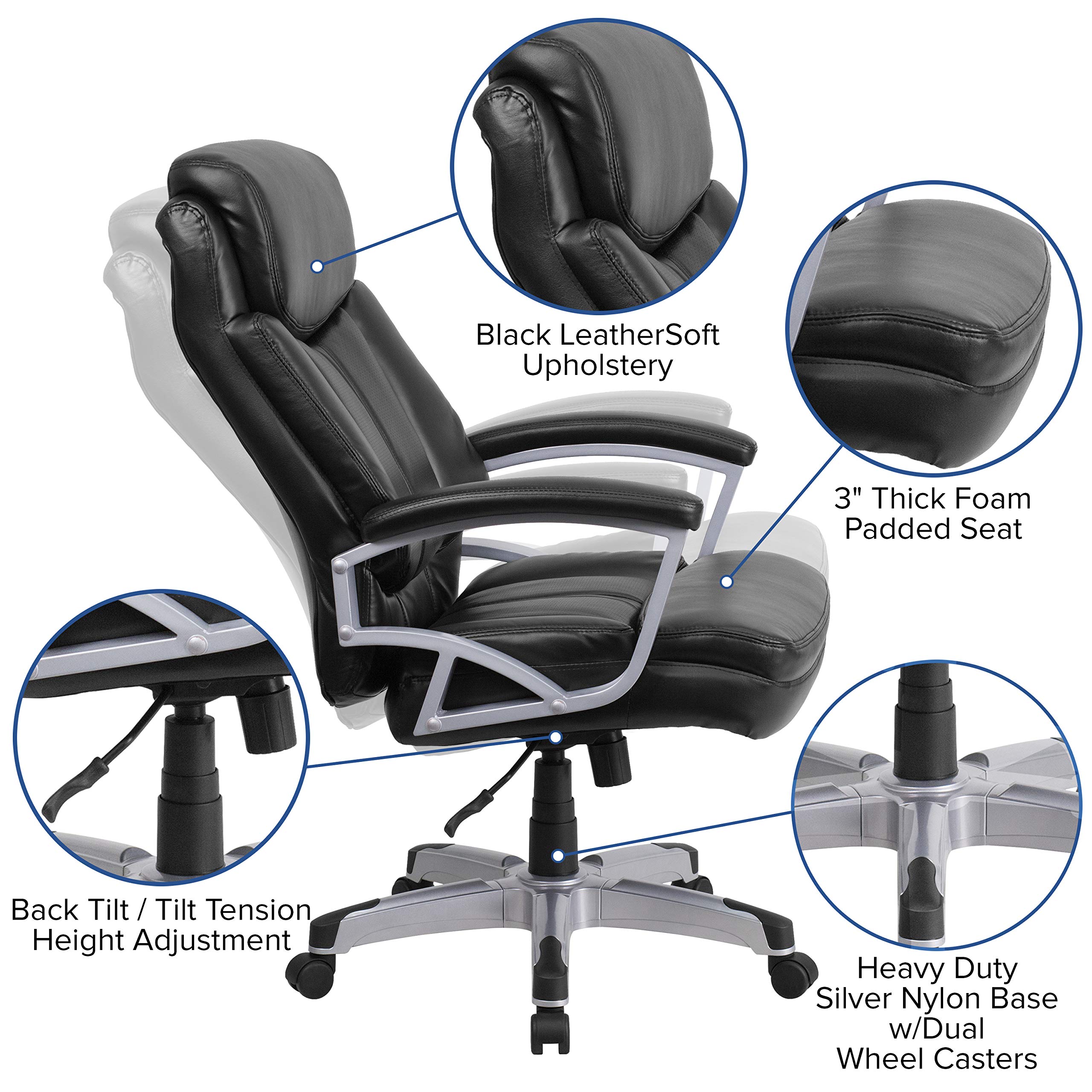 500 lb. Heavy Duty Big & Tall Black LeatherSoft Executive Swivel Ergonomic Office Chair with Lumbar Support - Perfect for Home Office, Gaming, and Conference Rooms