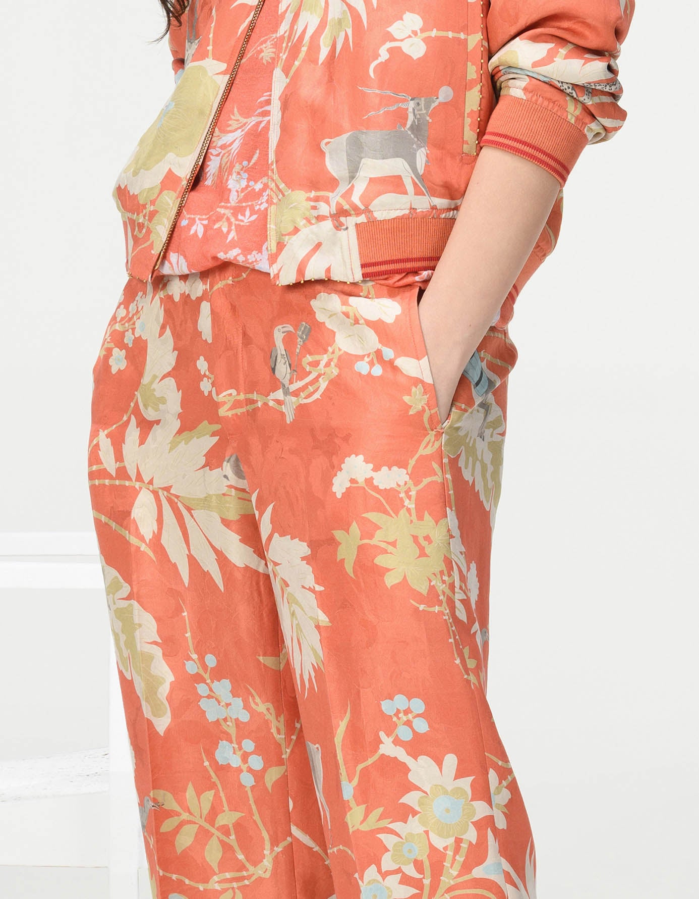 Premium Straight Fit Trousers - Silk Damask Coral Pattern - Elegant Formal Pants for Office Wear & Special Occasions