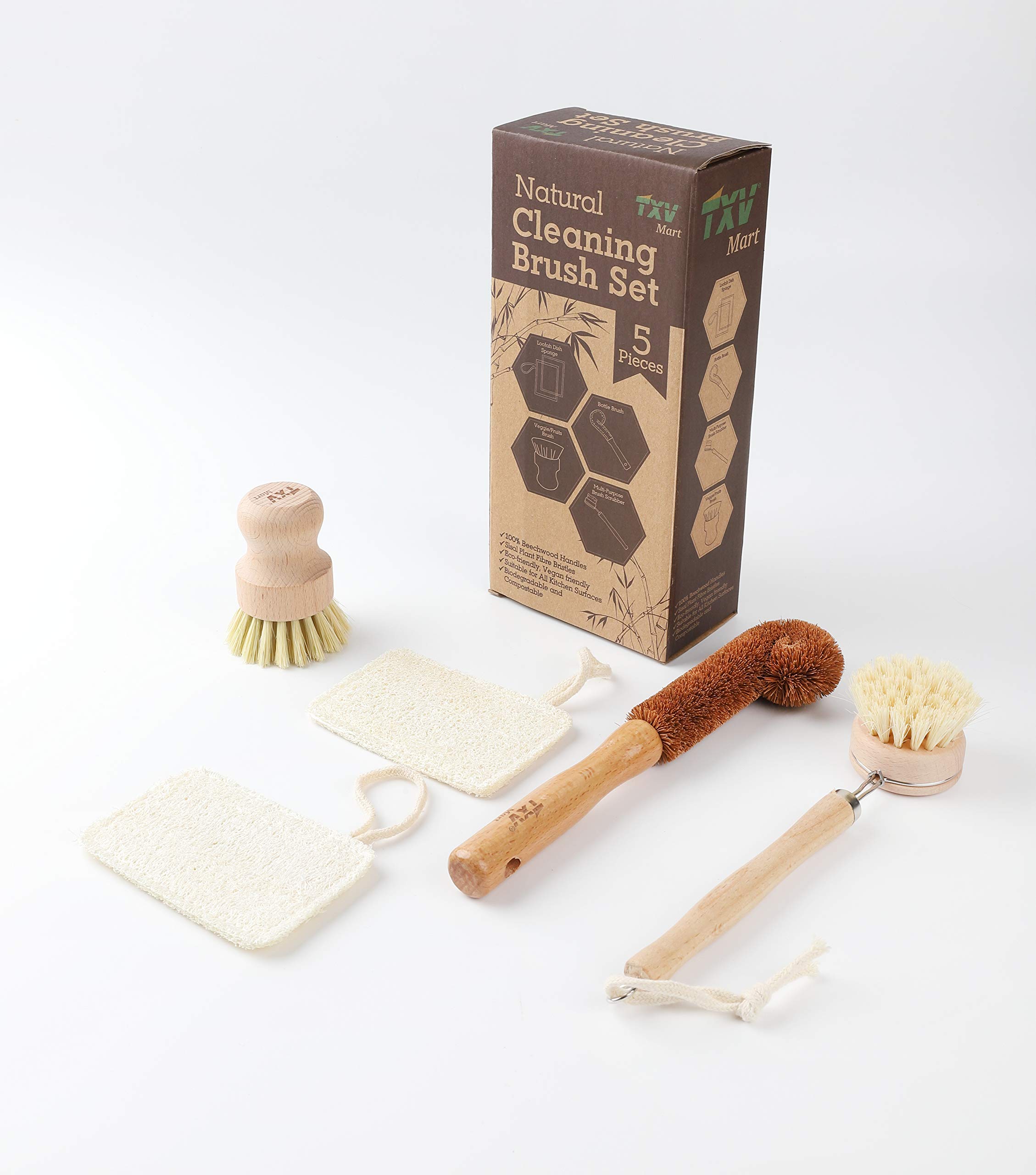 Eco-Friendly Natural Wooden Kitchen Cleaning Brush Set - 5 Piece Dish Scrubber with Loofah Sponges & Bottle Brush | Sustainable Wood Dishwashing Tools for Home, Restaurant & Camping Use