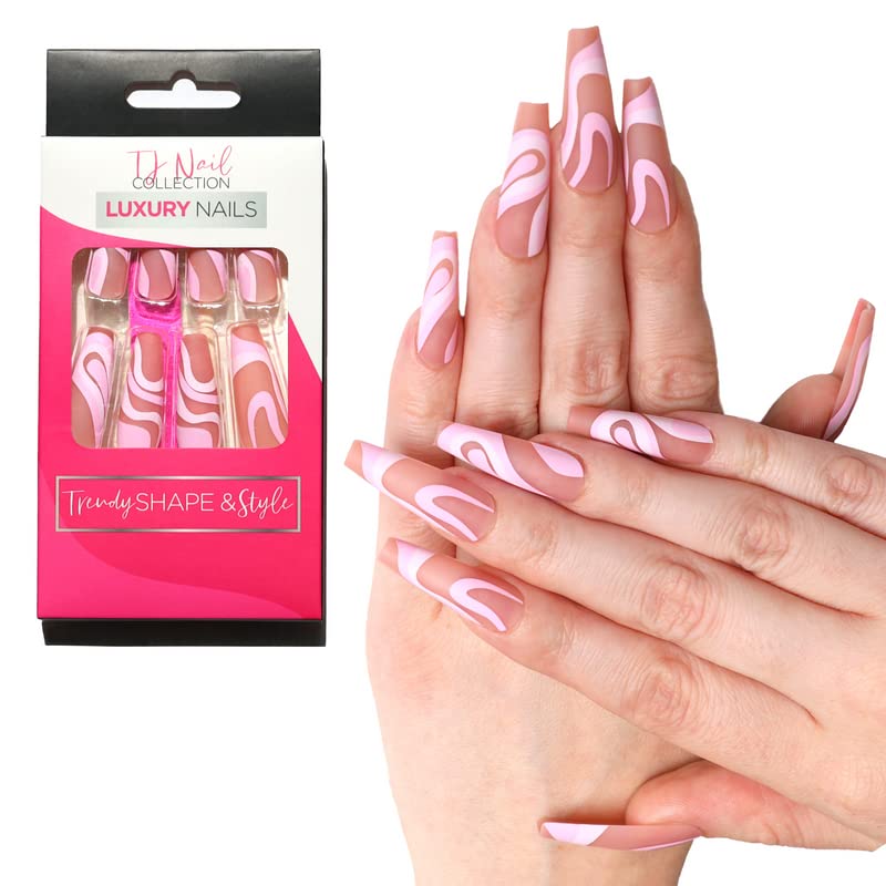 24-Piece Long Press on Nails Kit for Women - Acrylic Fake Nails with Glue, Stickers, Nail File & Cuticle Stick (Pink Swirl) - Perfect for Parties, Weddings & Everyday Glam