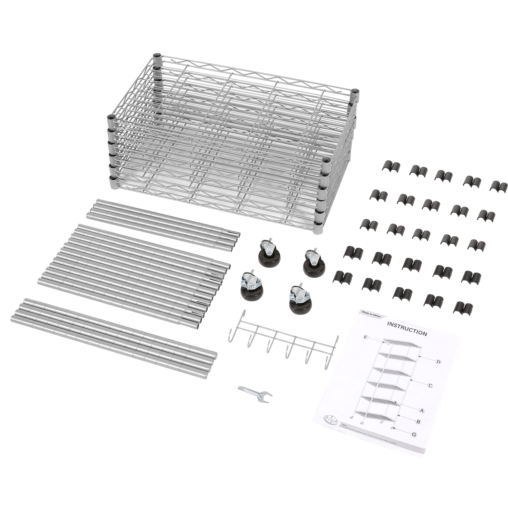 Homdox 6-Tier Heavy Duty Metal Storage Shelf - Free Standing Wire Shelving Unit with Locking Caster Wheels & Stainless Steel Hooks, Silver Gray - Perfect for Garage, Pantry, Laundry Room & Warehouse Organization