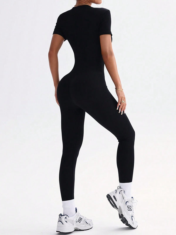 ZASUWA Women's Ribbed Zipper Short Sleeve Jumpsuit - Stylish Casual Romper for Summer Outings & Beach Vacations