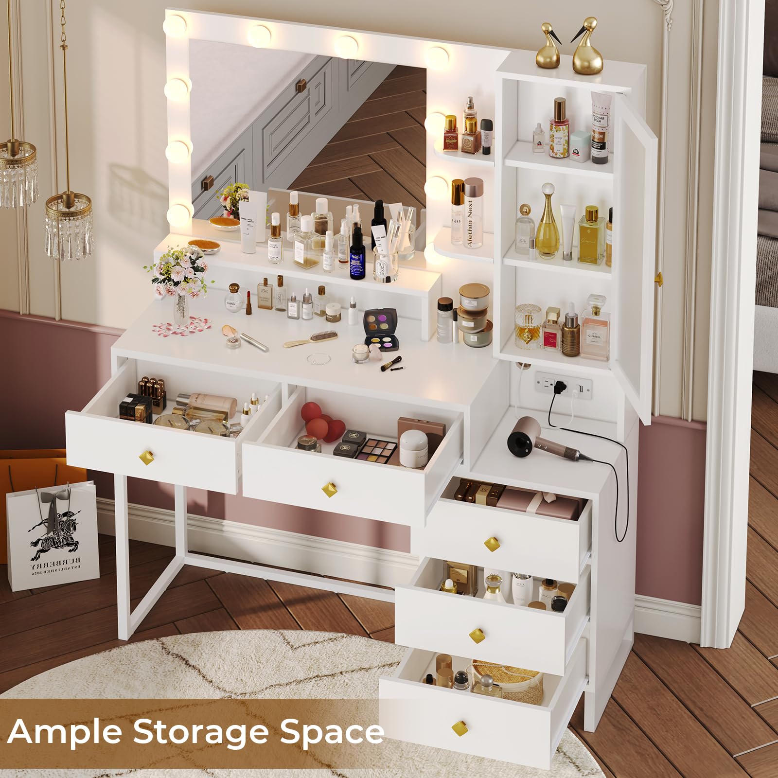 Tiptiper Vanity Desk with LED Lights & USB Charging Station - White Makeup Vanity Table with Mirror, 5 Drawers & Storage Shelves - Perfect for Bedroom, Dressing Room & Beauty Salon Organization