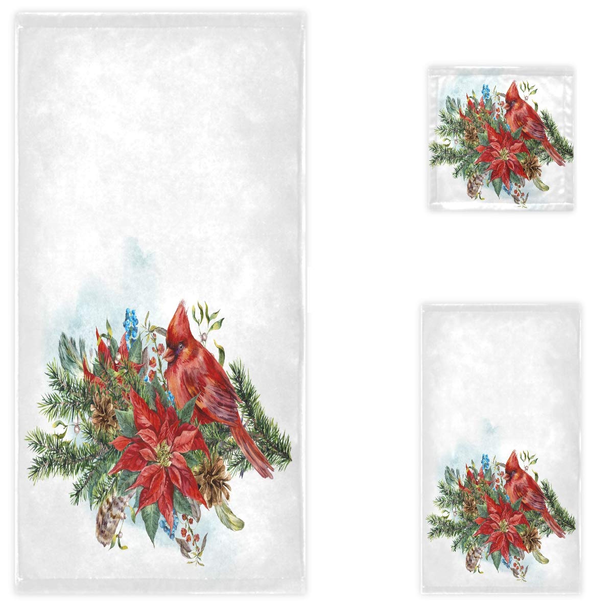 Vintage Red Cardinal Poinsettia Berries Soft Luxury 3-Piece Towel Set - 1 Bath Towel, 1 Hand Towel, 1 Washcloth | Christmas Home Decor, Bathroom, Kitchen, Gym, Spa & Beach Accessories | Perfect for Holiday Gifts, Guest Bathrooms & Cozy Winter Decor