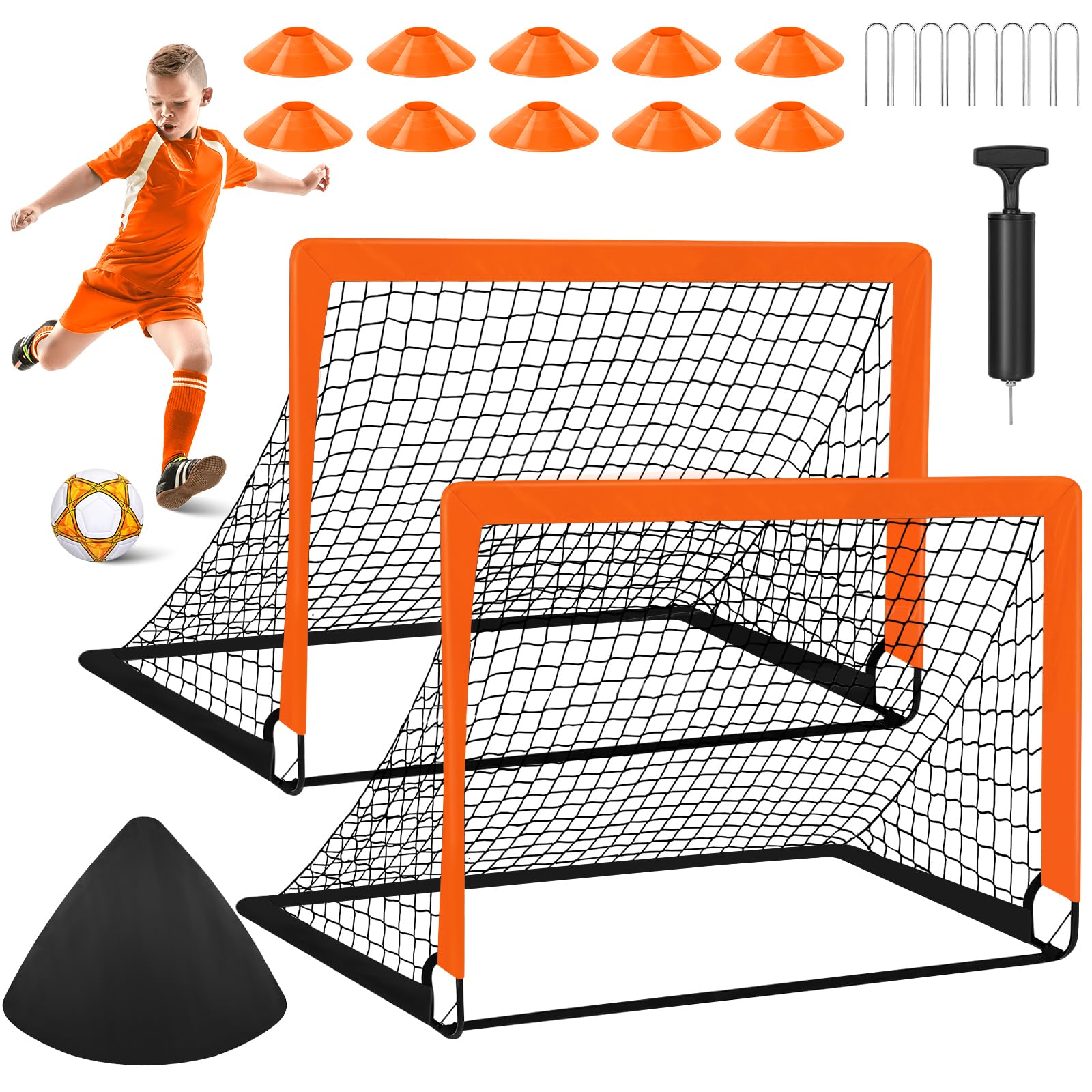 Portable 4x3 ft Orange Soccer Goal Set for Backyard Training - Includes 2 Goals, Inflator, Soccer Ball & Cones | Perfect for Youth Practice, Backyard Games & Team Drills