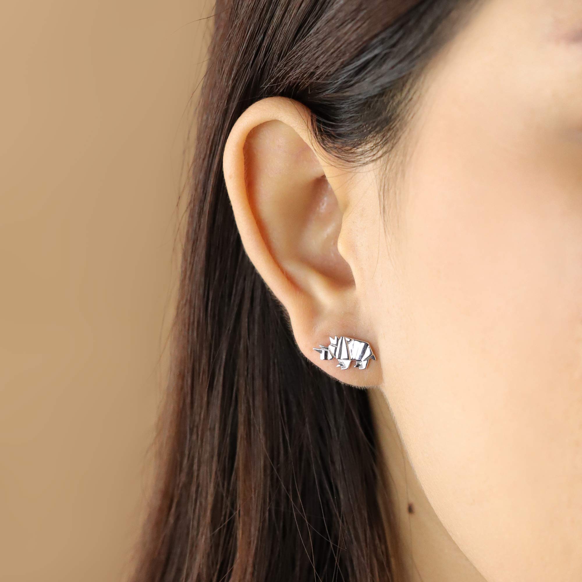 Sterling Silver Origami Rhinoceros Stud Earrings for Women - Handmade Geometric Animal Jewelry - Perfect Gift for Birthday, Anniversary & Everyday Wear
