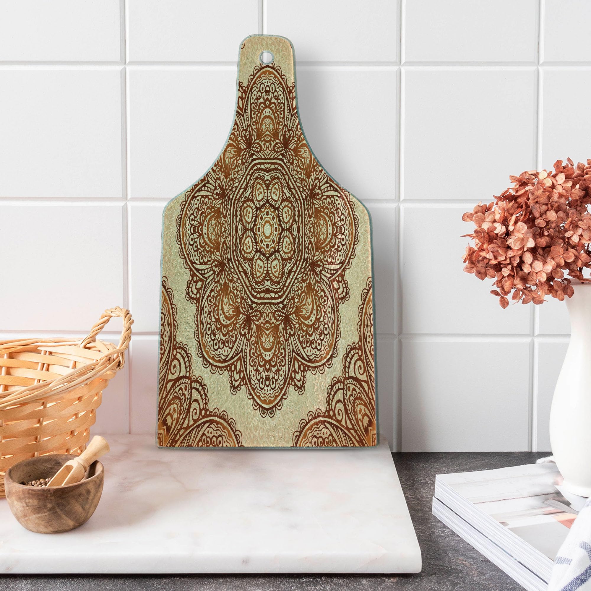 Ambesonne Ethnic Mandala Floral Cutting Board - Tempered Glass Wine Bottle Shape for Serving & Decor - Dark Brown & Pale Brown Abstract Paisley Design - Perfect for Cheese Platters, Charcuterie Boards & Kitchen Decor