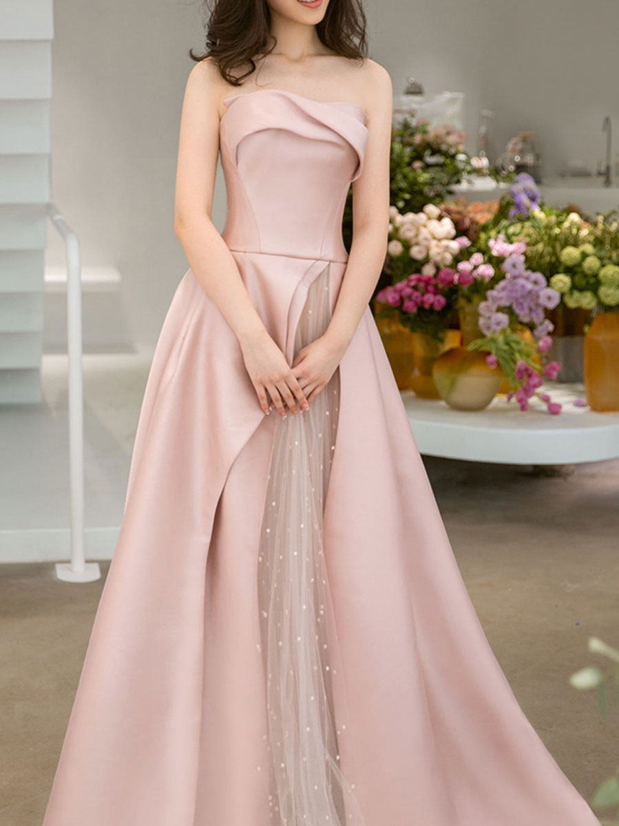 Elegant Pink Satin Tulle Long Prom Dress - Formal Bridesmaid Gown for Weddings, Evening Parties & Special Occasions