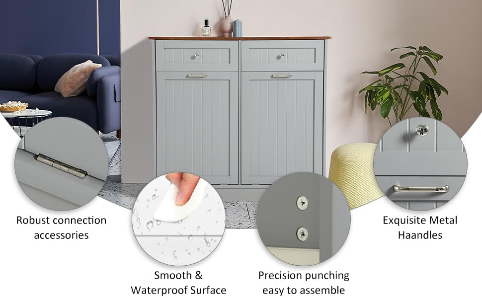 Tilt Out Trash Can Cabinet with Double Hidden Can Holder - Wooden Free Standing Kitchen Recycling Storage - Dog Proof Gray Cabinet for Waste Management & Home Organization