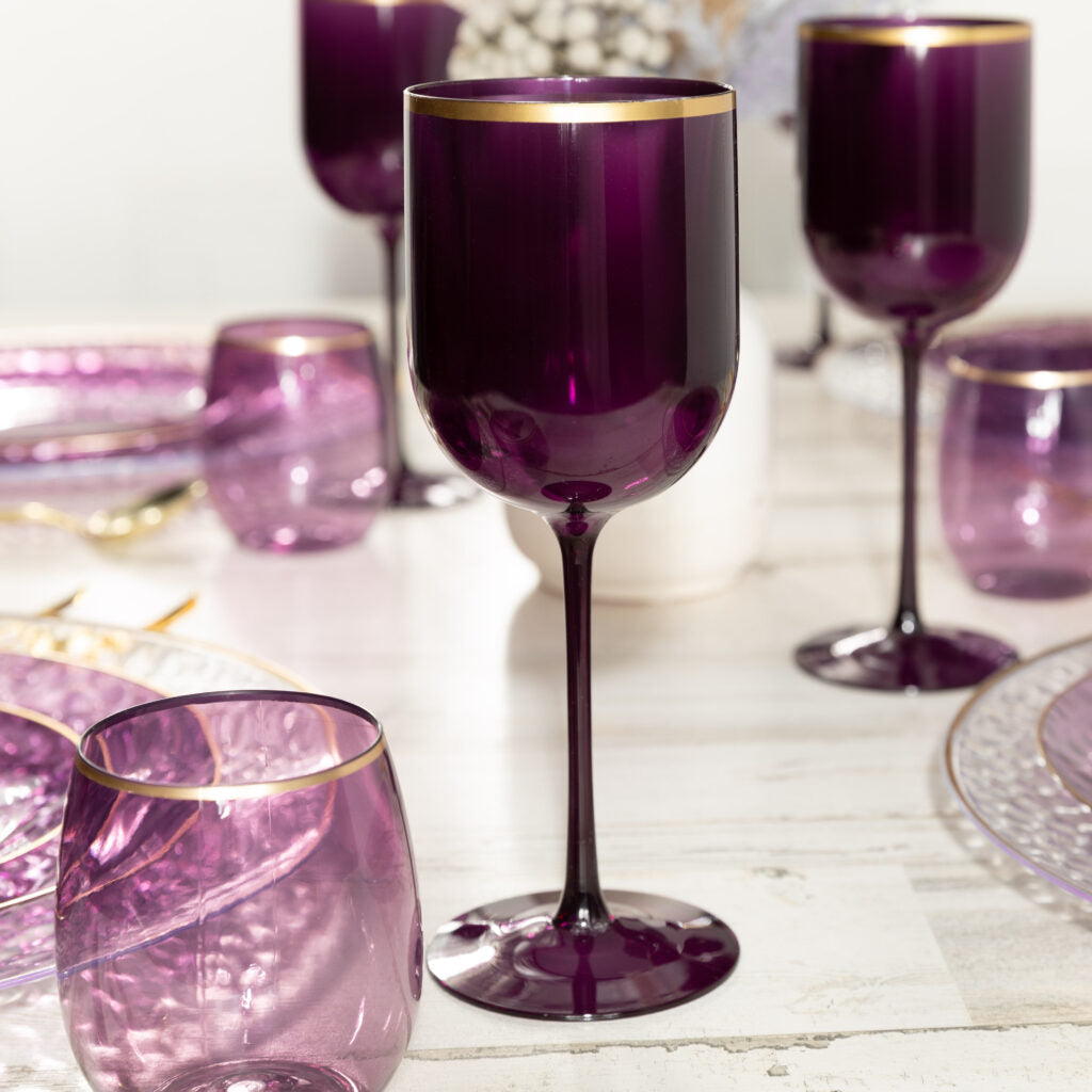 12 oz. Purple Stemless Wine Glasses with Gold Rim - Set of 6 | Elegant Drinkware for Parties, Weddings & Home Entertaining