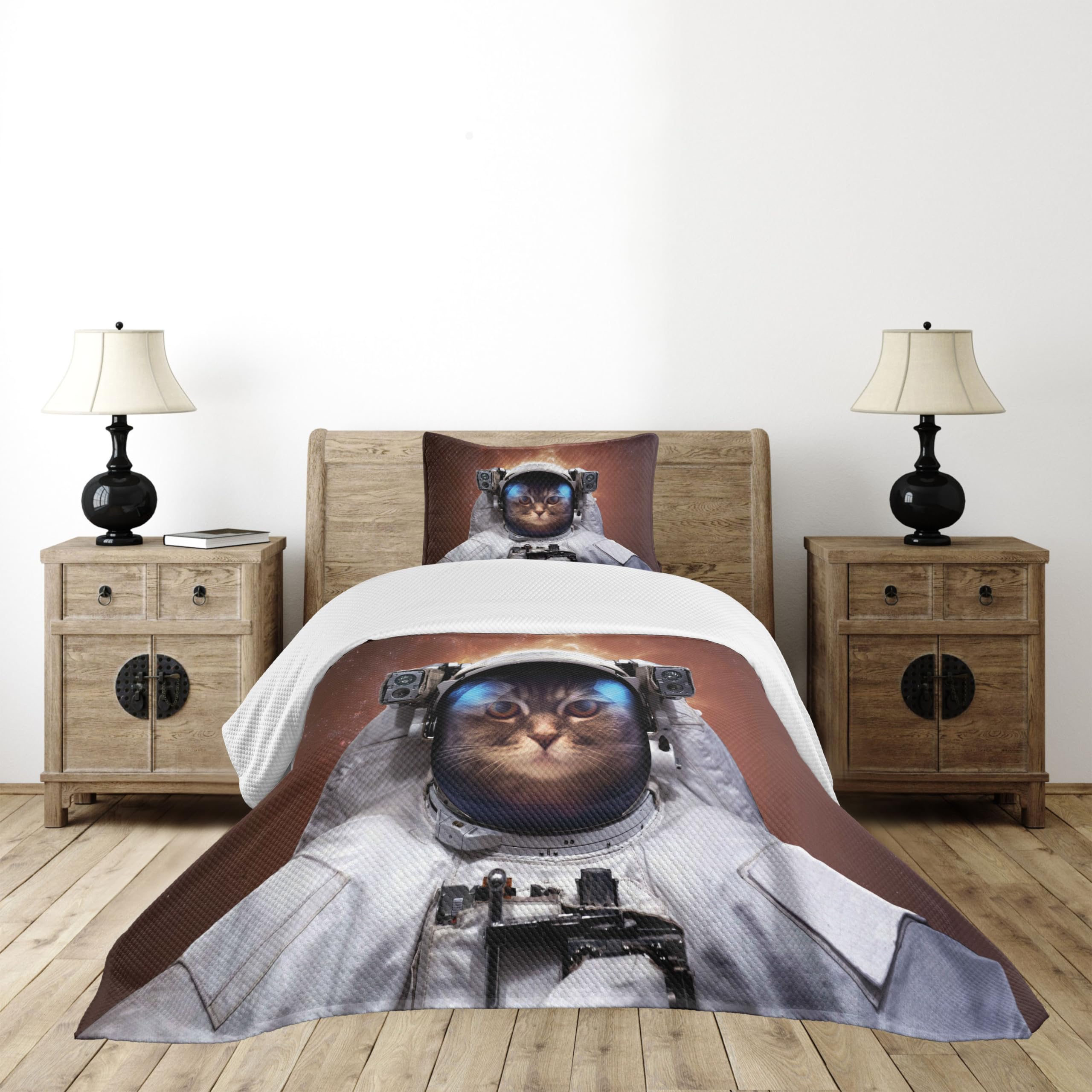 Ambesonne Space Cat Bedspread Set - Astronaut Cat with Milky Way Design, 3-Piece Twin Size Bedding Set with 2 Pillow Shams (White & Pale Caramel) - Perfect for Kids' Rooms, Space-Themed Bedrooms & Cat Lovers