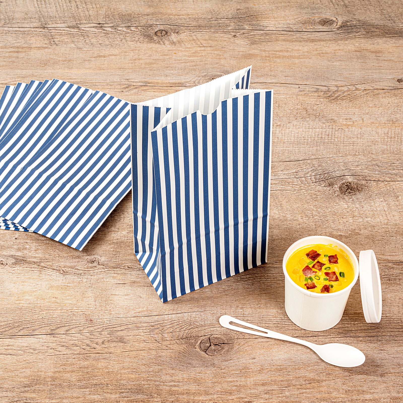 Blue and White Striped Paper Bags - 6 lb Capacity, 6 x 3.5 x 10.75 Inches - Pack of 100 - Perfect for Retail Shopping, Gift Wrapping & Party Favors