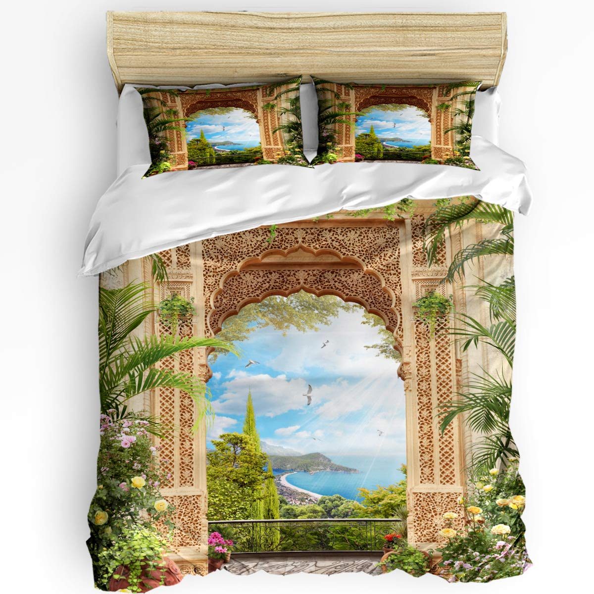 Romantic Coastal Tropical Forest Duvet Cover Set - Queen Size 3PC Bedding with Ocean Blue Sky Cloud Design | Soft & Breathable for Bedroom Decor | Perfect for Beach House, Master Bedroom or Guest Room