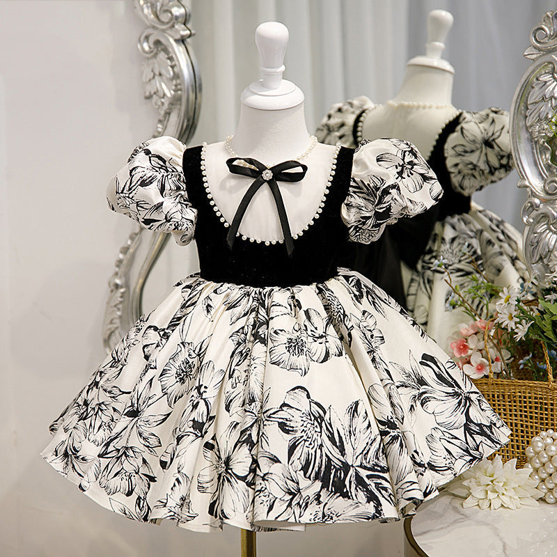 Black Satin Princess Flower Girl Dress with Beaded Bow - Elegant Short Puff Sleeve Party Dress for Weddings, Birthday Parties & Special Occasions