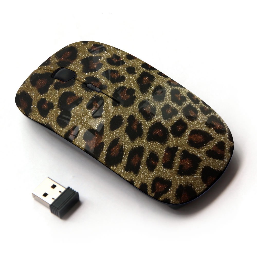 2.4G Wireless Optical Mouse with Gold Glitter Leopard Print & Furry Design - Perfect for Laptop, Desktop, Gaming & Office Use