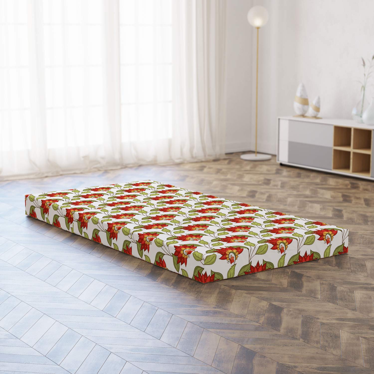 Ambesonne Floral Foldable Mattress - Spring Leaves & Flowers Design, 74.8