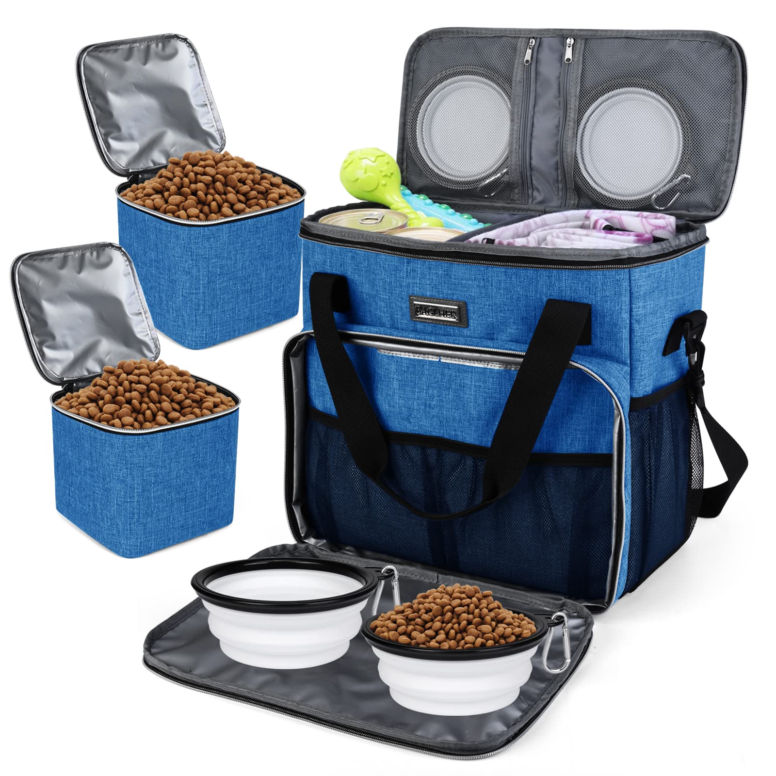BAGLHER Dog Travel Bag - Waterproof Pet Carrier with 2 Food Containers & Collapsible Bowls | Essential Travel Accessories for Dogs & Cats | Perfect for Road Trips, Camping & Airplane Travel (Blue)