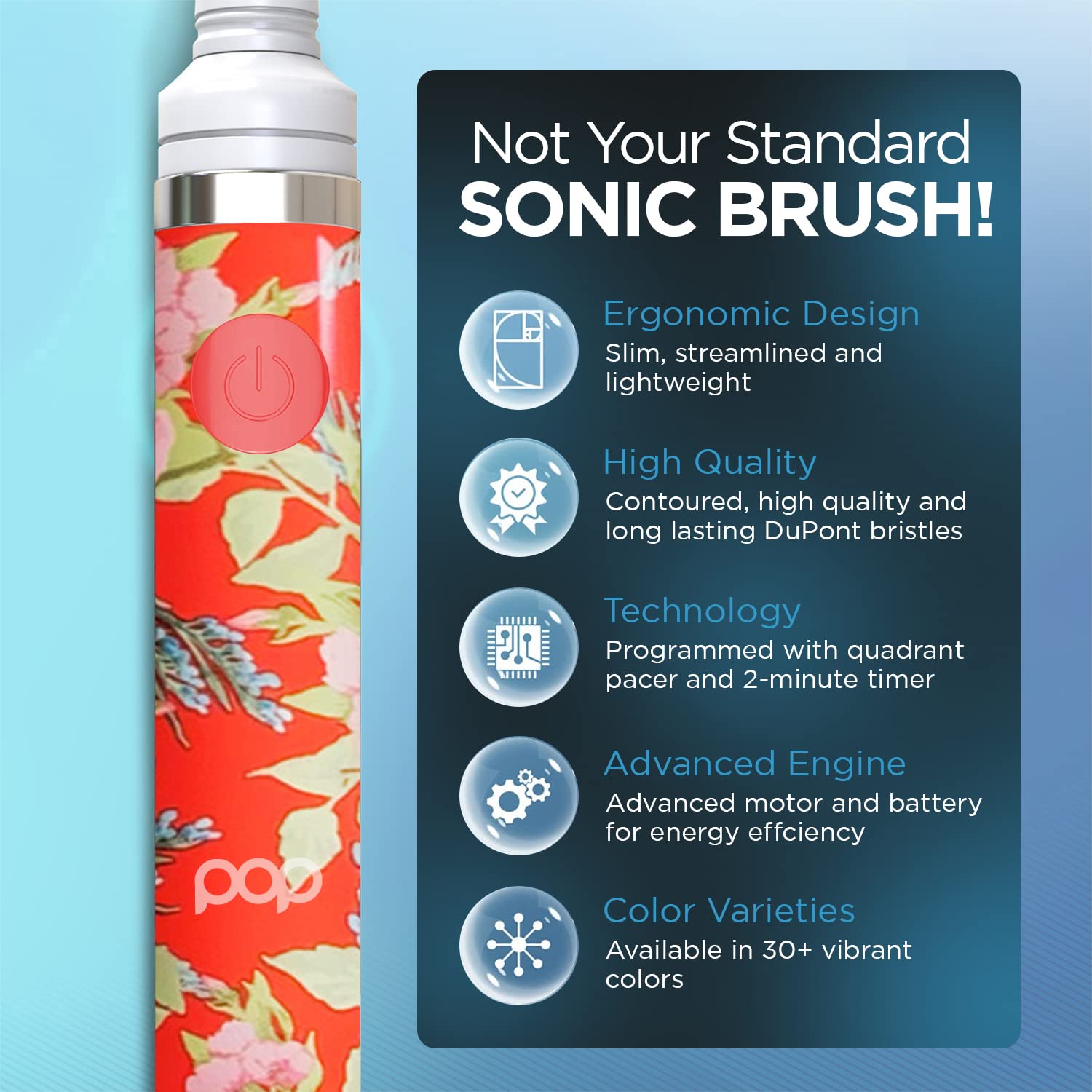 Pop Sonic Electric Toothbrush for Kids & Adults - Red Floral Design, 2 Speed Modes (15,000-30,000 RPM), DuPont Nylon Bristles, Battery-Powered Travel Toothbrush - Perfect for Home, Travel & Daily Oral Care