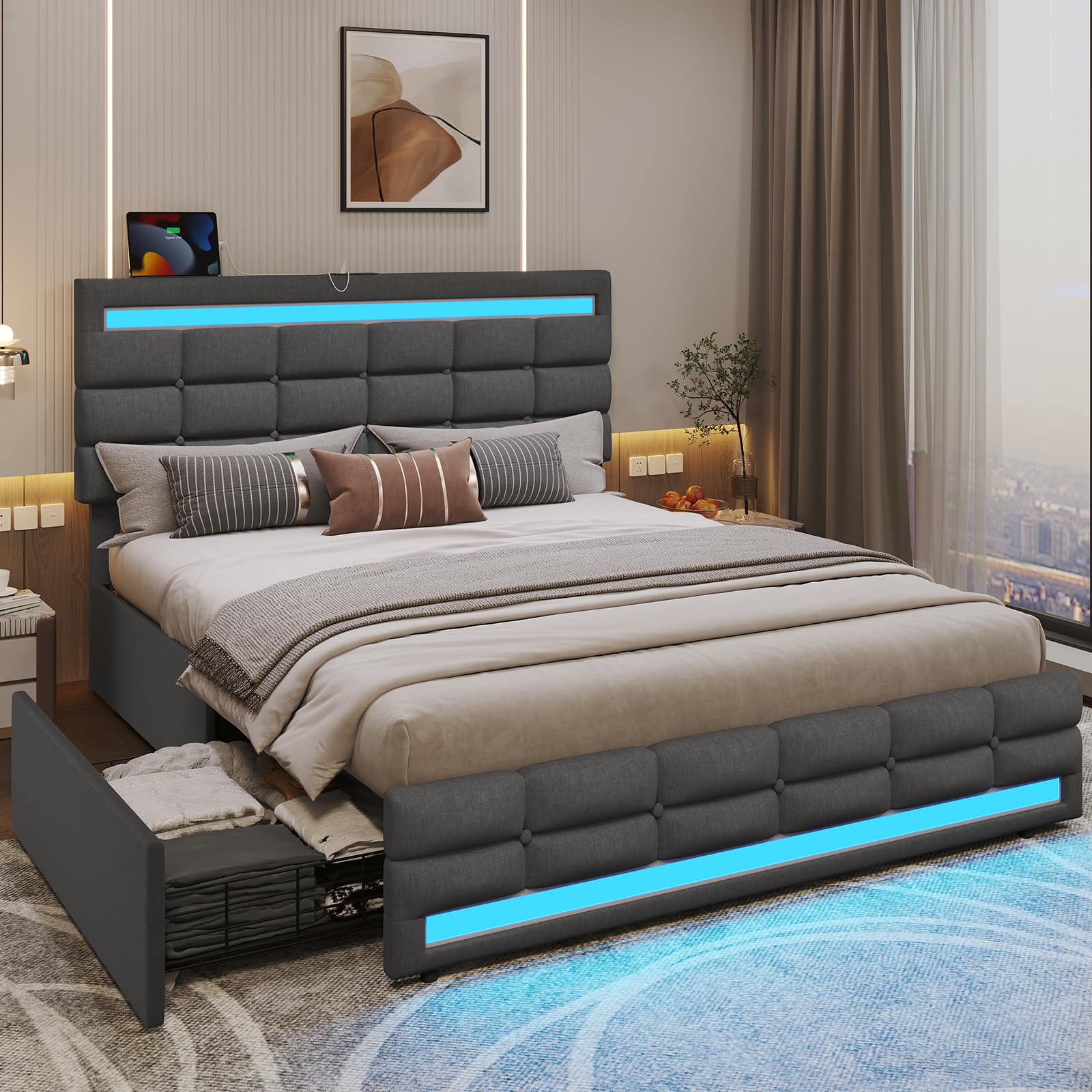 ADORNEVE Queen LED Bed Frame with 4 Storage Drawers & 2 USB Ports - Upholstered Platform Bed with Illuminated Headboard & Footboard, No Box Spring Required, Dark Grey - Perfect for Modern Bedrooms, Guest Rooms & Smart Home Setups